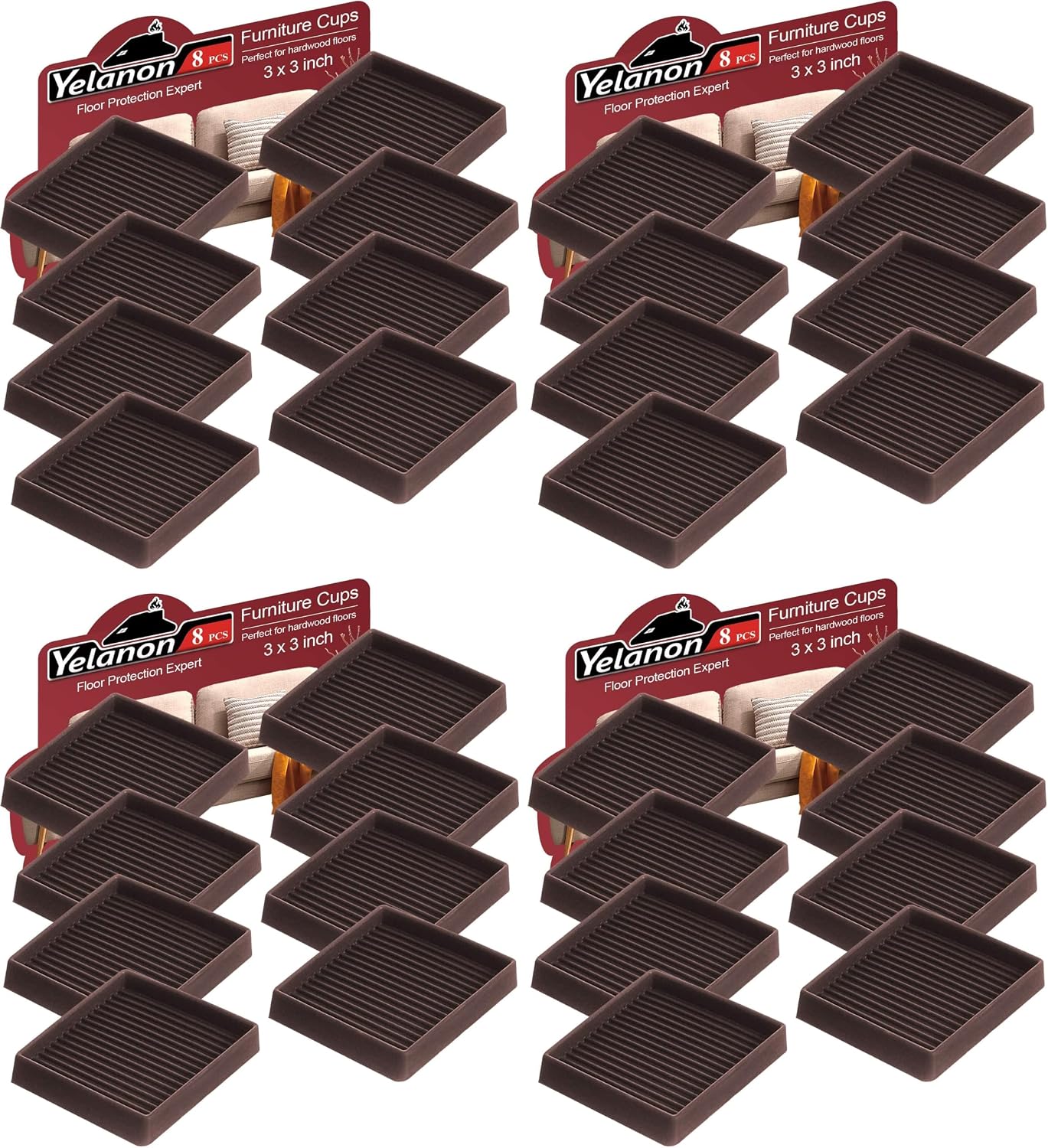 Yelanon Furniture Coasters 8 Pcs 3" Square Brown Caster Cups for Hardwood