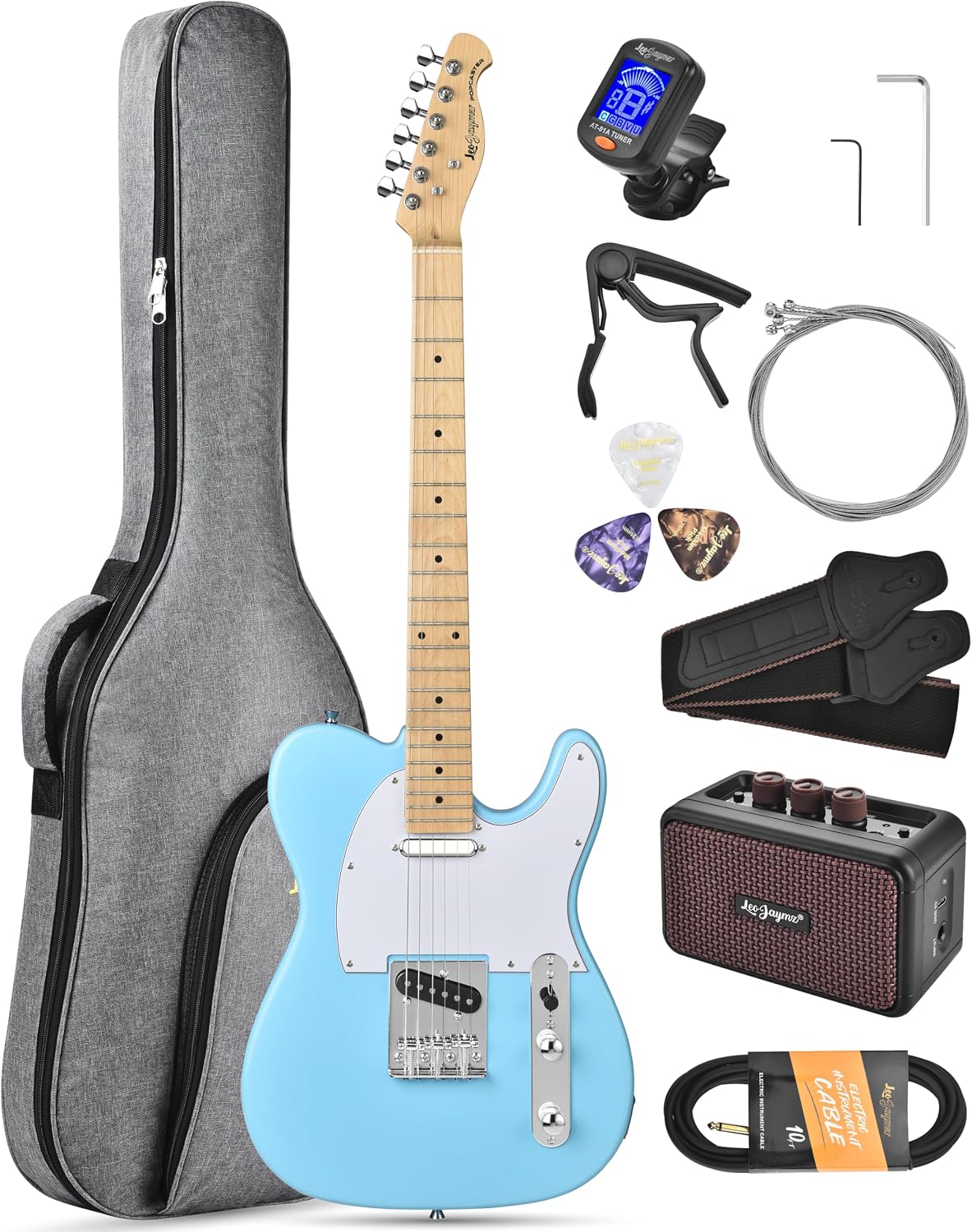Leo Jaymz Beginner Electric Guitar Complete Kit with Portable Amp, Padded Gig Bag & Full Accessories, Maple Neck (TL-White)
