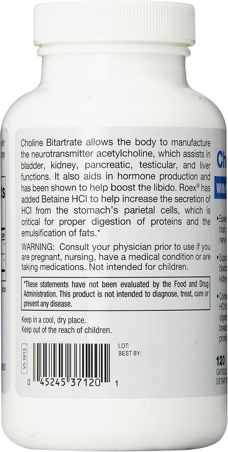 Roex Vitamins | Choline Bitartrate | Improved Brain Activity | Cellular Function | Nutritional-Supplement | 120 Count