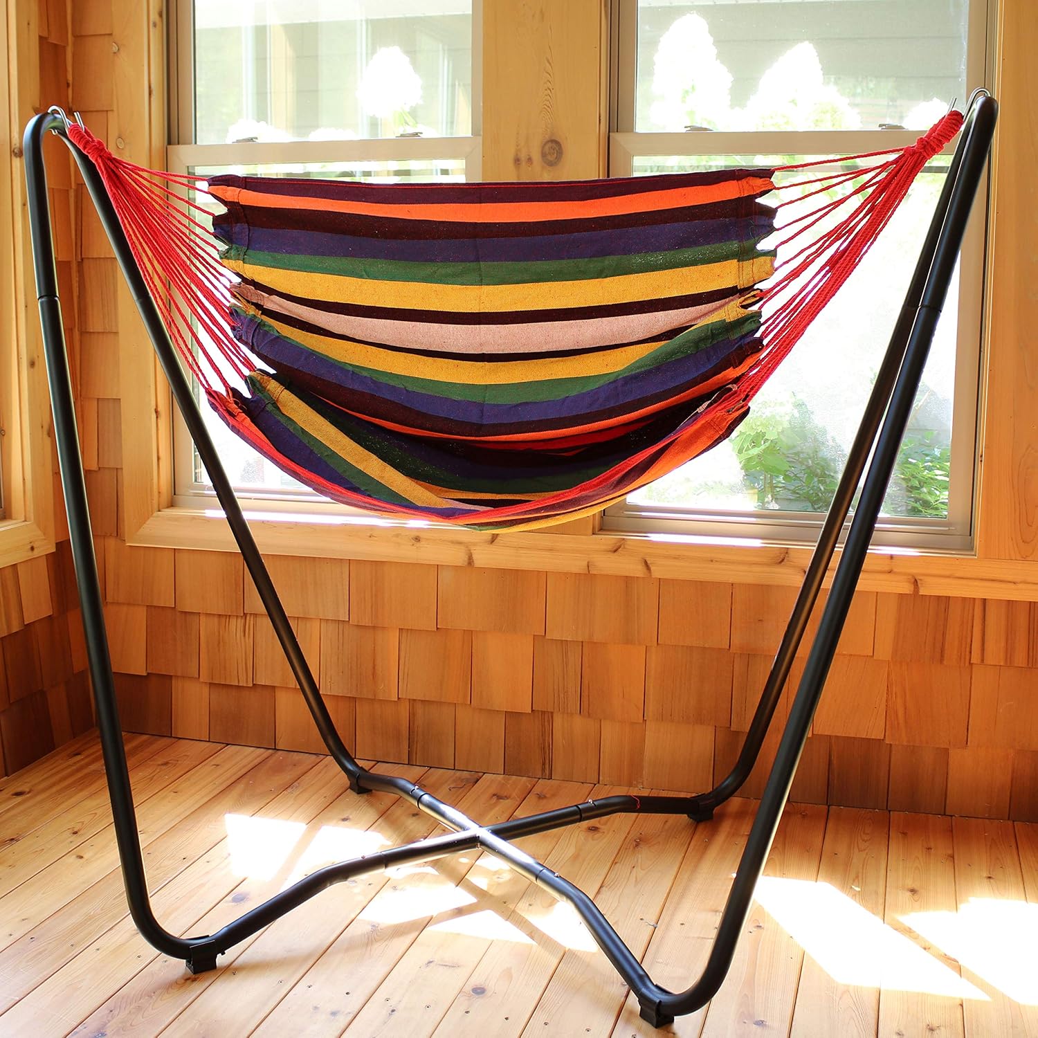 Sunnydaze Hanging Hammock Chair with Stand, Sunset | Space-Saving, Indoor or Outdoor Use, 330-Pound Capacity, Powder-Coated Steel Construction