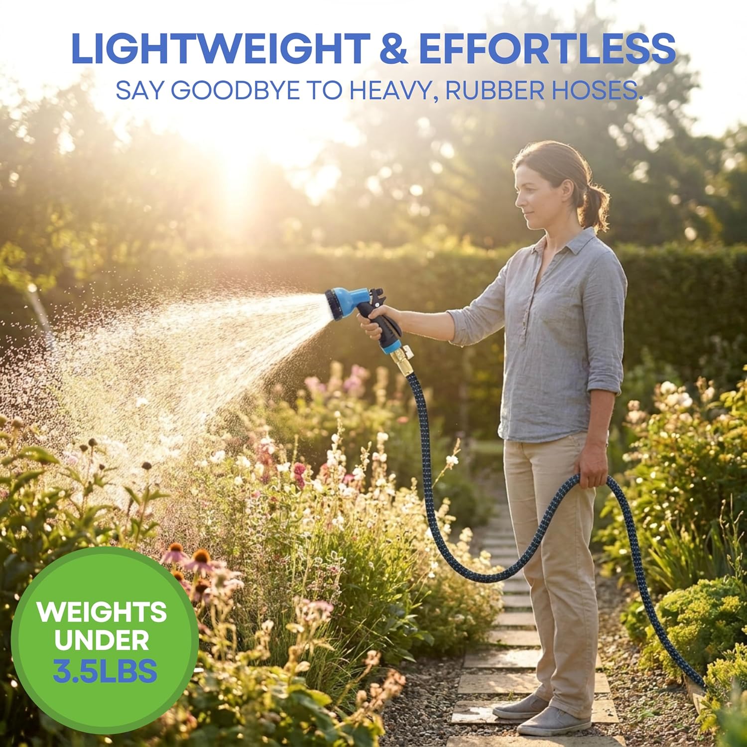 J&B XpandaHose 75ft Expandable Garden Hose, Lightweight, Brass Connectors | Ultra Strong 3750D fabric, 4-layer latex core, expands 3X, kink & leak-resistant, 10-pattern nozzle, storage bag