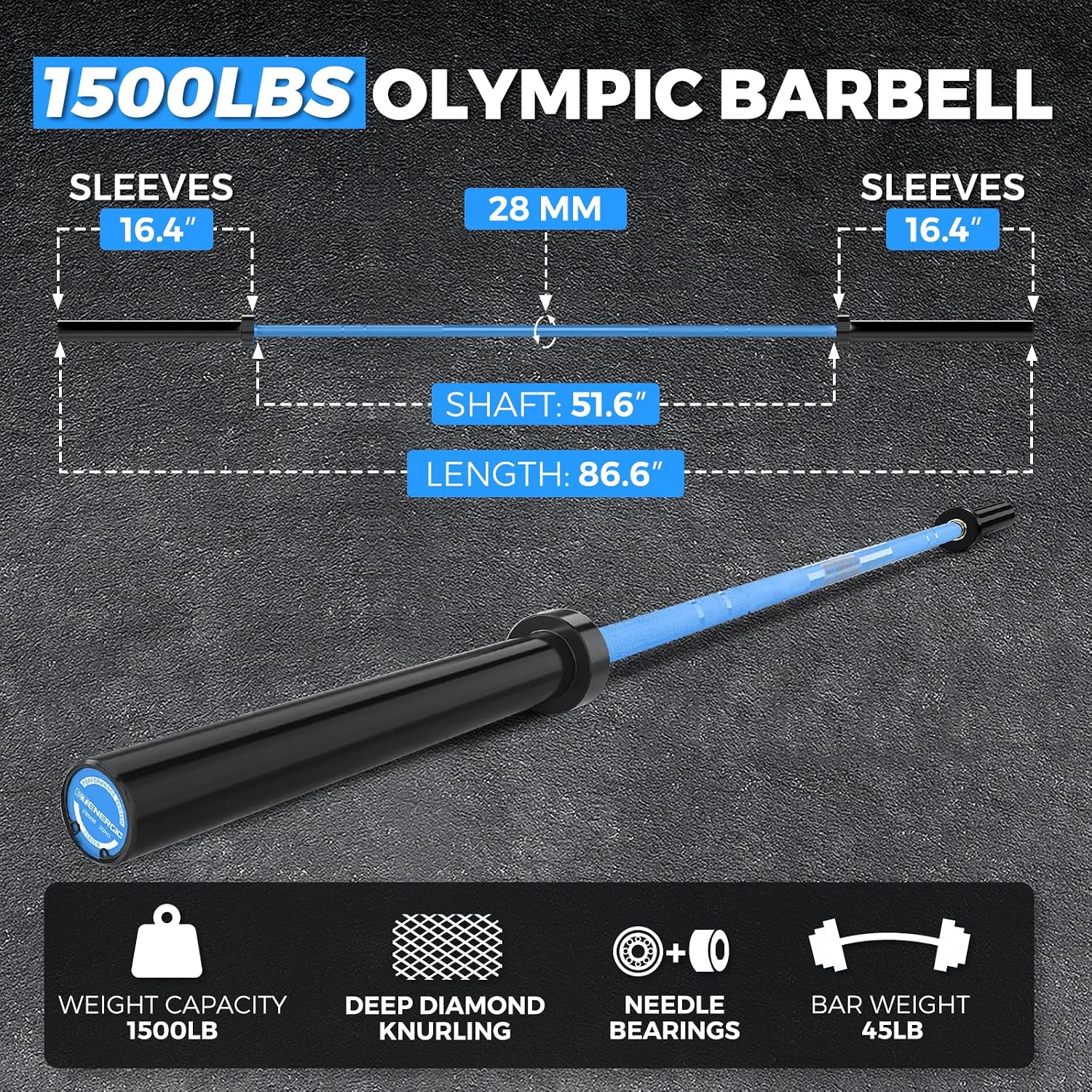 7FT Alloy Steel Olympic Barbell, 1500LB 45LB