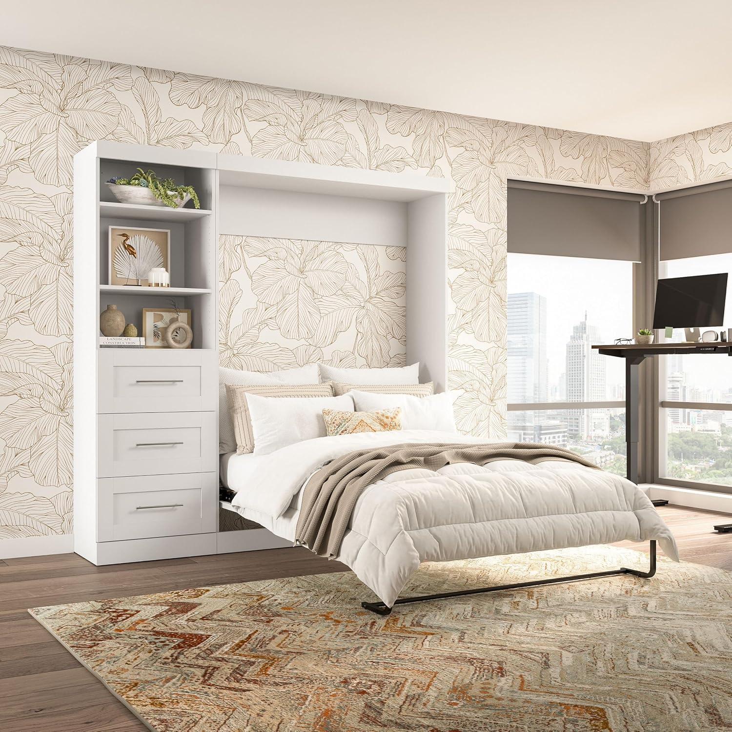 Bestar Pur Full Murphy Bed and Storage Unit with Drawers, 84-inch Space-Saving Wall Bed with Storage in White | Storage Unit with Drawers