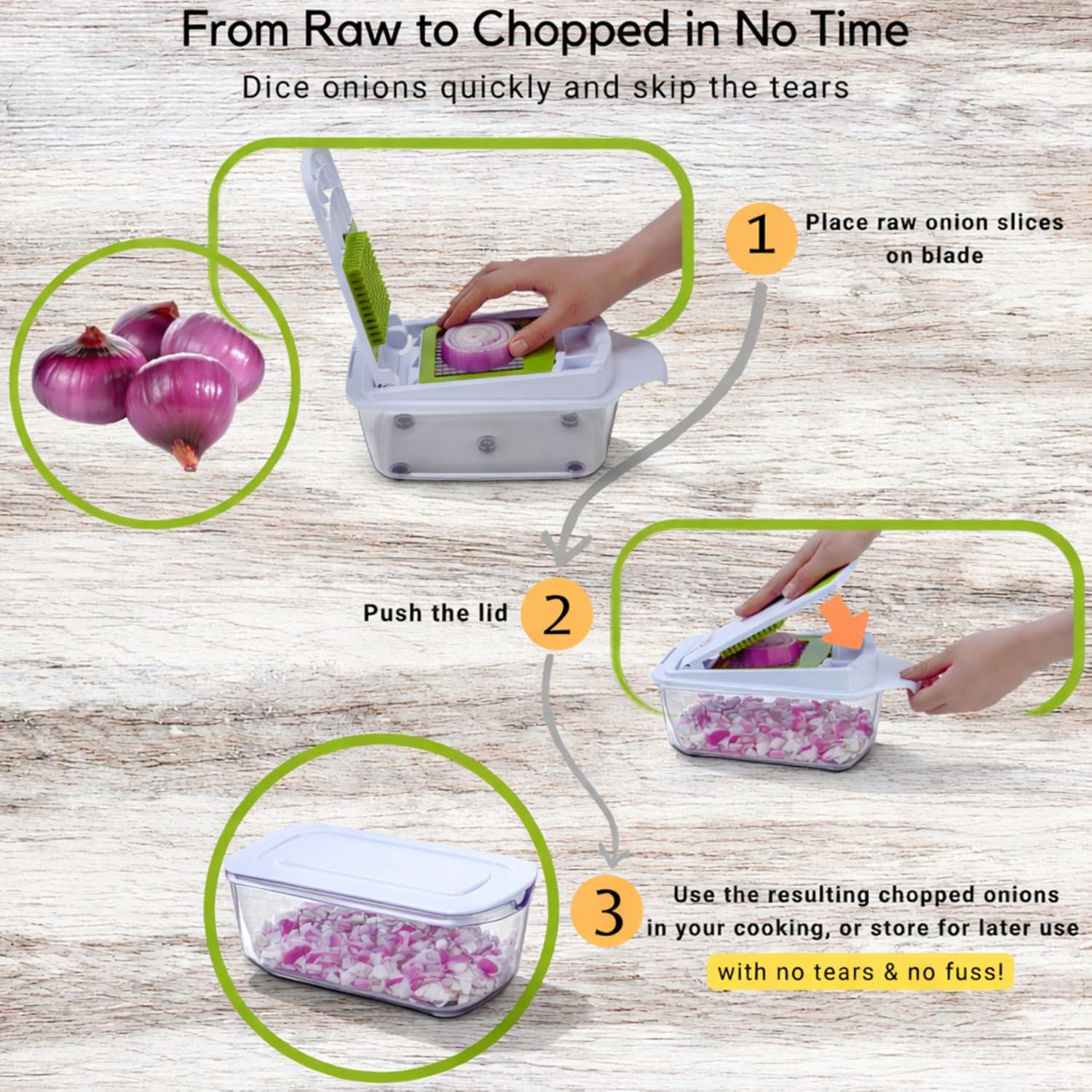 Brieftons QuickPush Manual Vegetable Chopper: 8-Cup Push-Down Onion Dicer & Food Chopper, 3 German Steel Blades