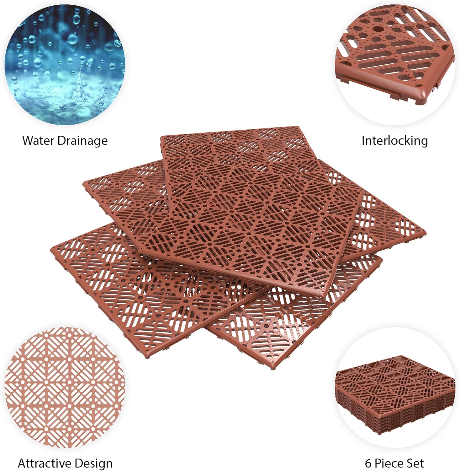 Deck Tiles - 6-Pack Pavers - Polypropylene Interlocking Patio Tiles - Outdoor Flooring for Patio, Porch, Garage, or Pool Deck by Pure Garden (Terracotta)