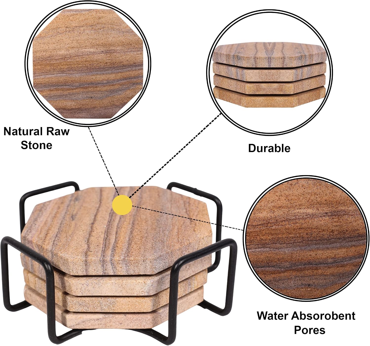 Sandstone Water Absorbent Hand Crafted Octagon Coasters with Holder for Drinks 4 Inches Wide Thirsty Stone Bar/Drink Coasters Made from Real Solid