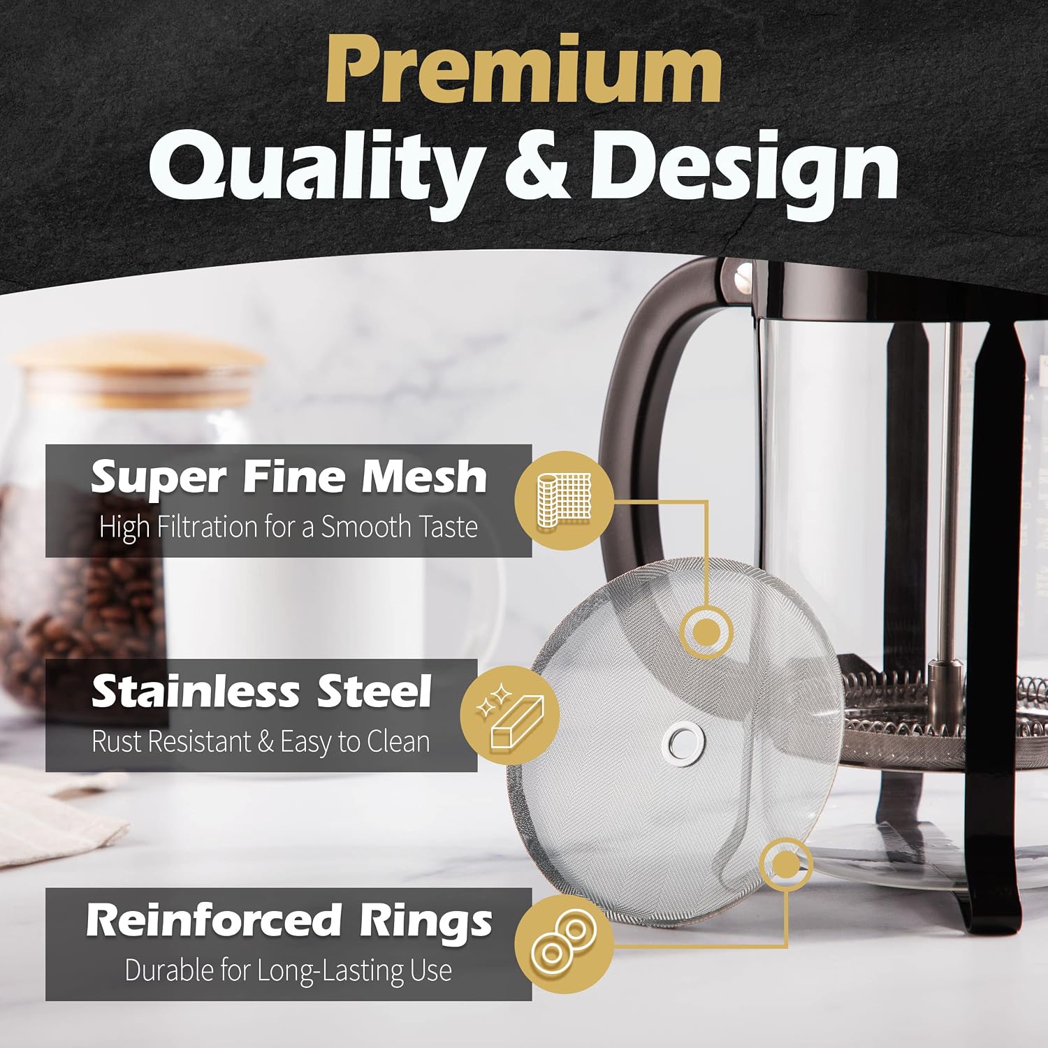 French Press Replacement Filter (2pack) - Includes Metal Center Ring - Universal 8Cup Stainless Steel Reusable Filter