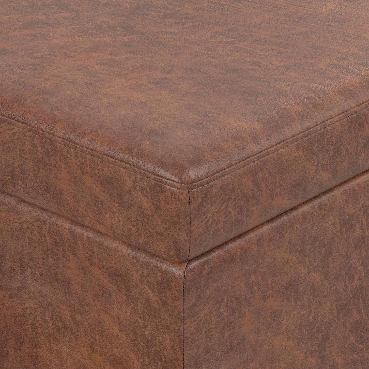SIMPLIHOME Avalon 54" Wide Vegan Leather Storage Ottoman in Tanners Brown