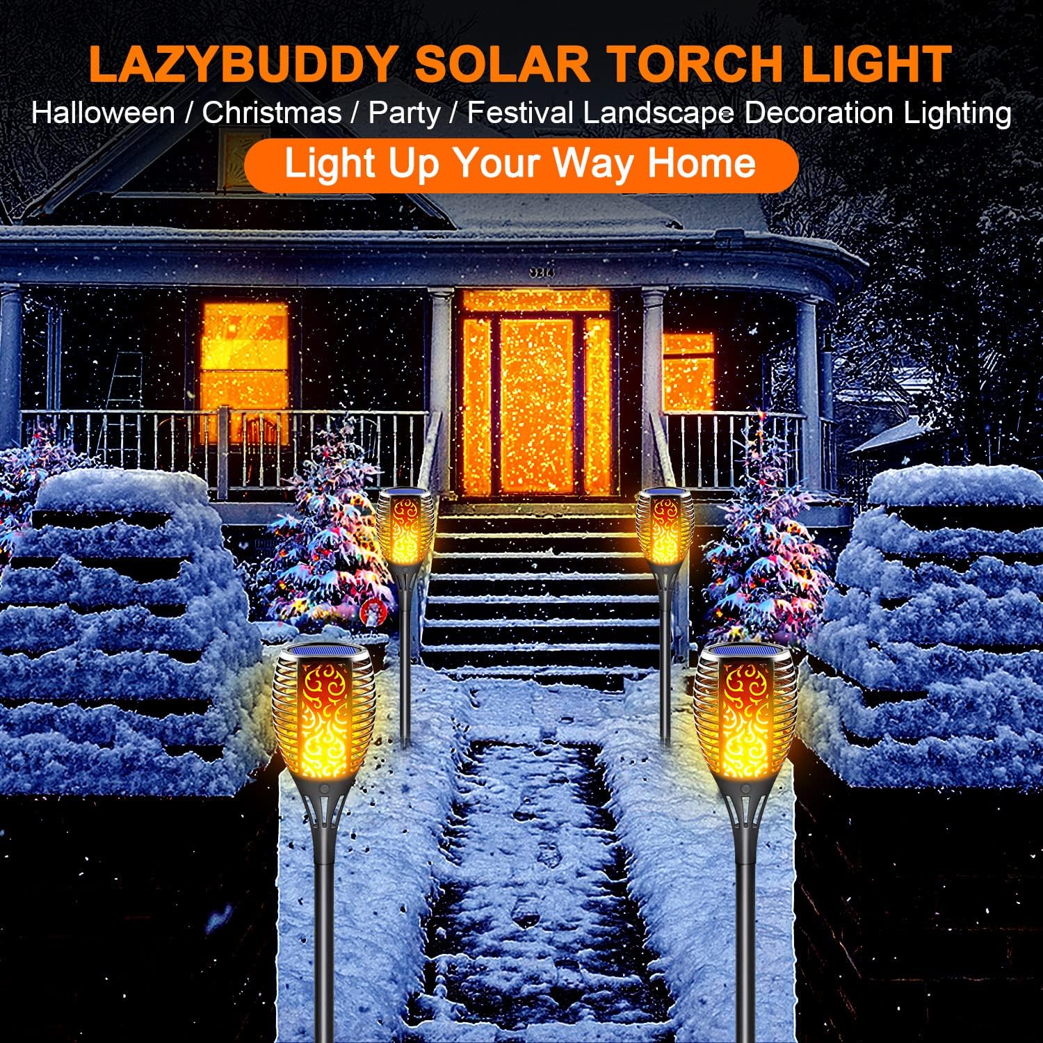 Large Size Solar Torch Light with Flickering Flame, 8 Pack | Fire Effect Garden Lights Outdoor, IP65 Waterproof Tiki Torches, Auto On/Off