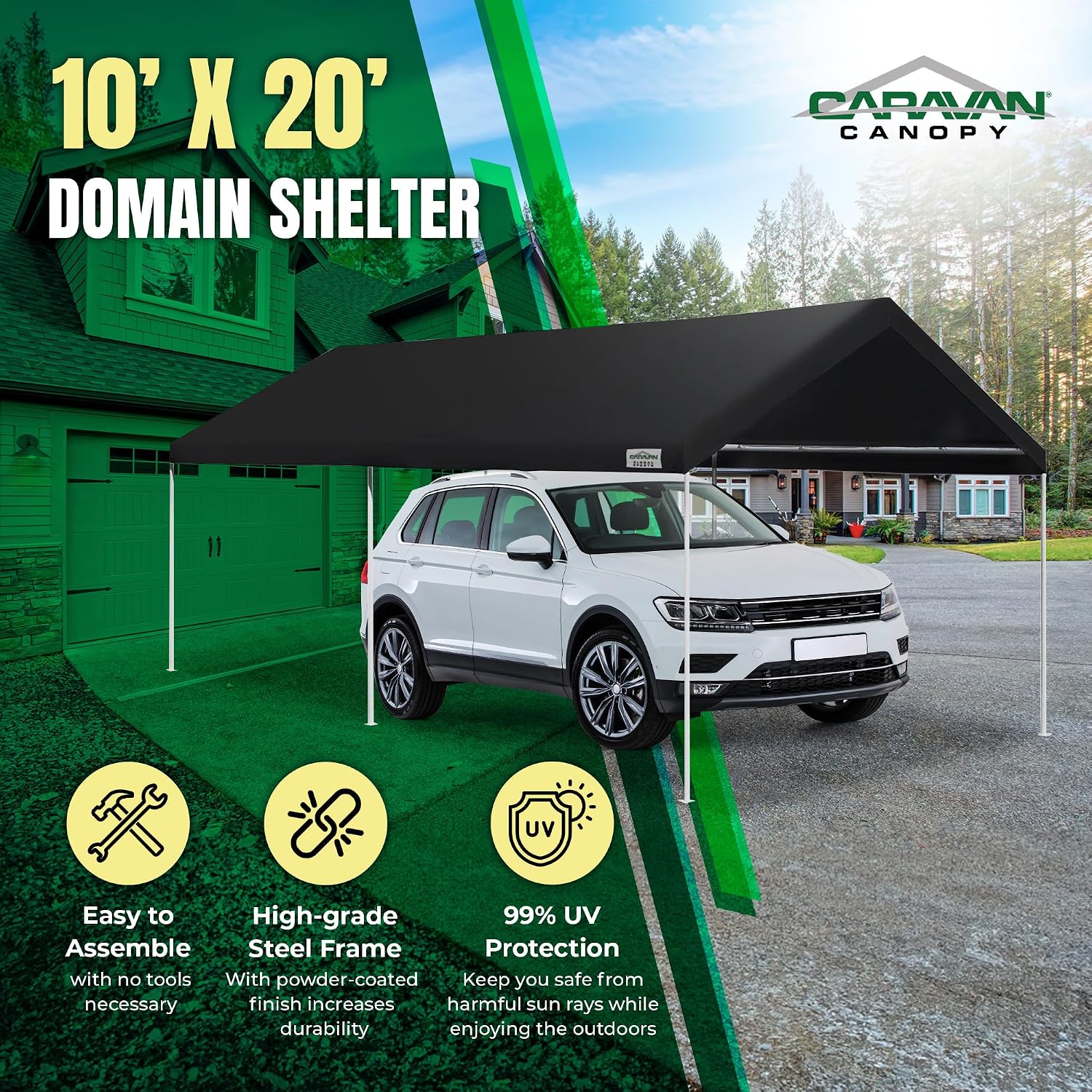 Caravan Canopy Powder Coated Heavy Duty Steel Frame Pop Up Carport with 6 Steel Stakes for Outdoor Activities and Events, White