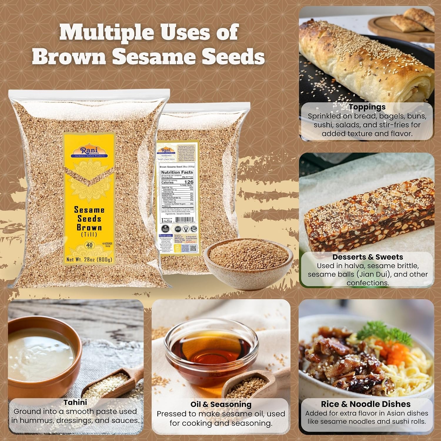 Rani Sesame Seeds Whole Brown, Raw (Till) 28oz (800gm) ~ All Natural | Gluten Friendly | NON-GMO | Vegan | Indian Origin