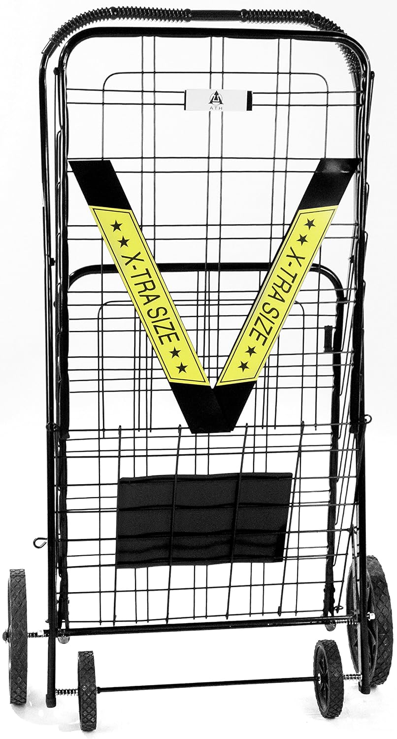 ATH Large Deluxe Rolling Utility / Shopping Cart - Stowable Folding Heavy Duty Cart with Rubber Wheels For Haul Laundry, Groceries, Toys, Sports Equipment, Red