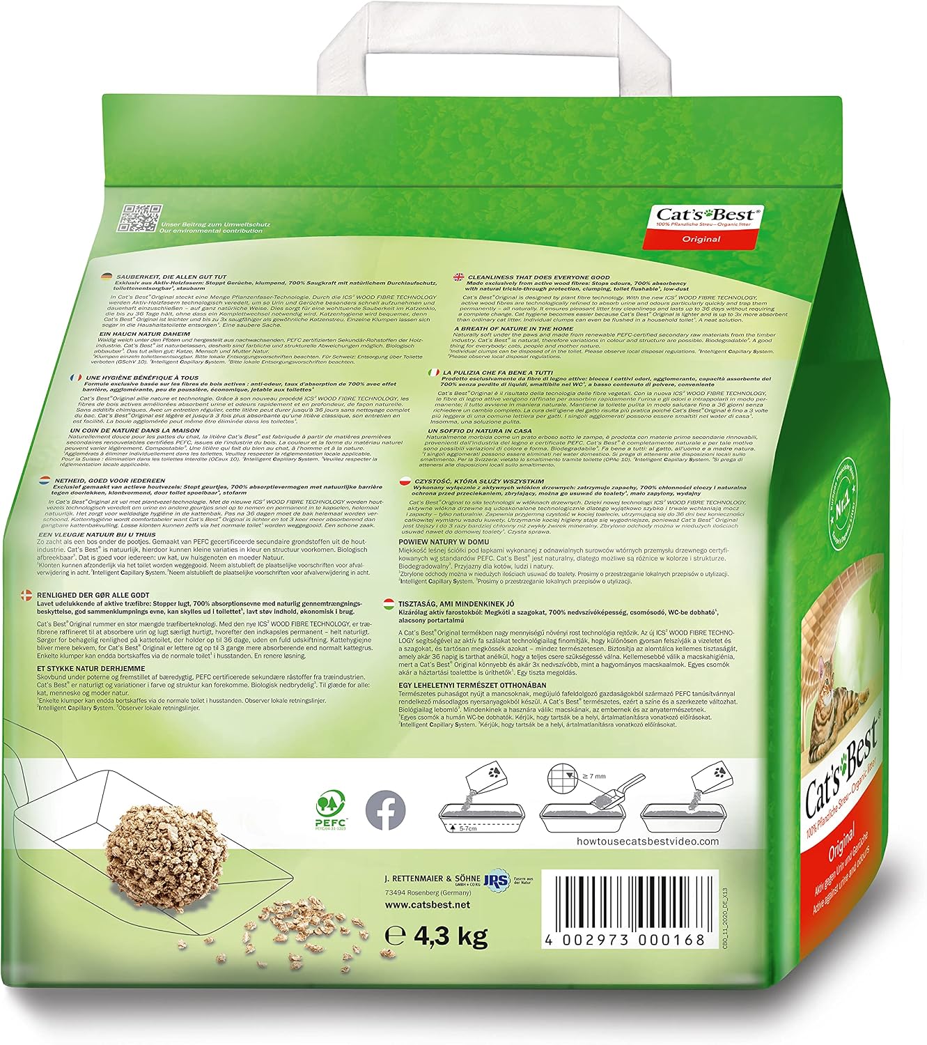 Cat's Best Original Clumping Wood Fibre Cat Litter 20 L / 8.6 kg | Clumping wood fibre cat litter - odour encapsulating, biodegradable, flushable - long-lasting and economical granules