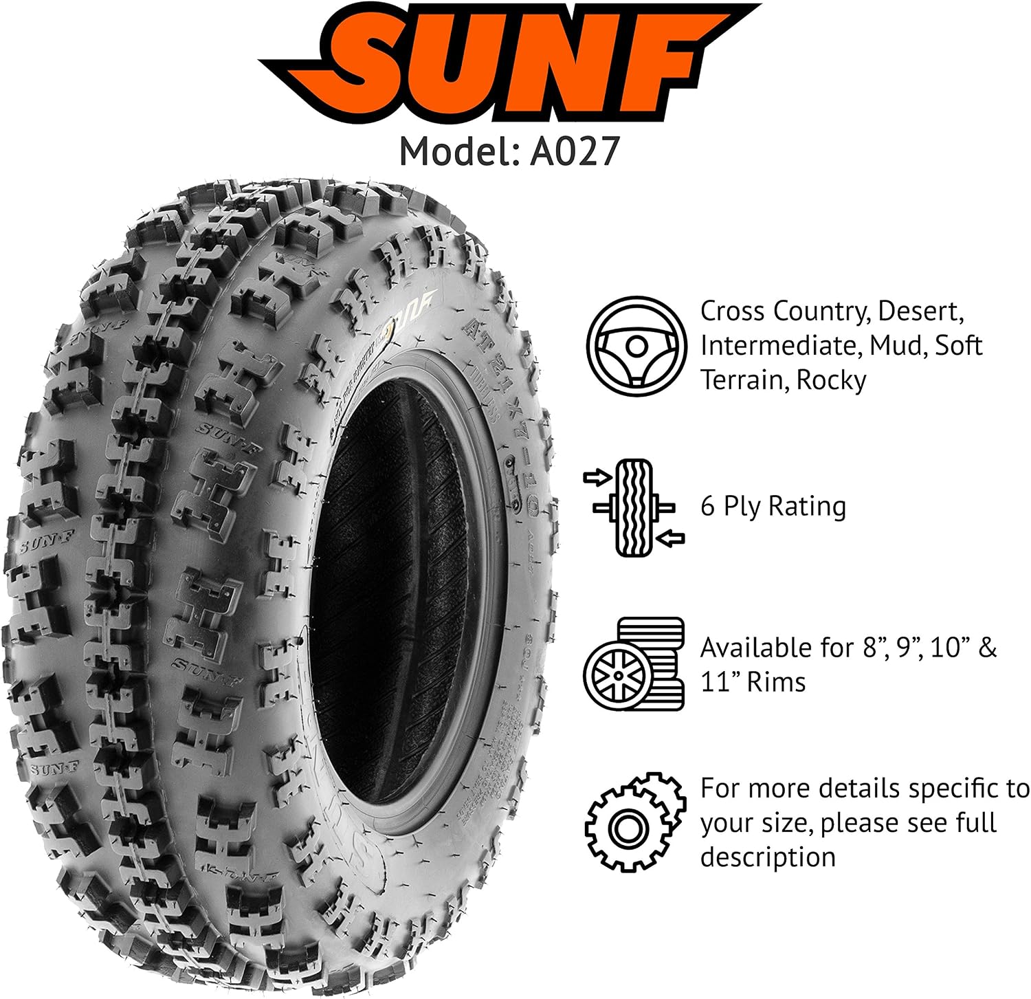 SunF ATV Tires 22x7-10 22x10-9 Sport Race Knobby 6 PR A027 - BUNDLE