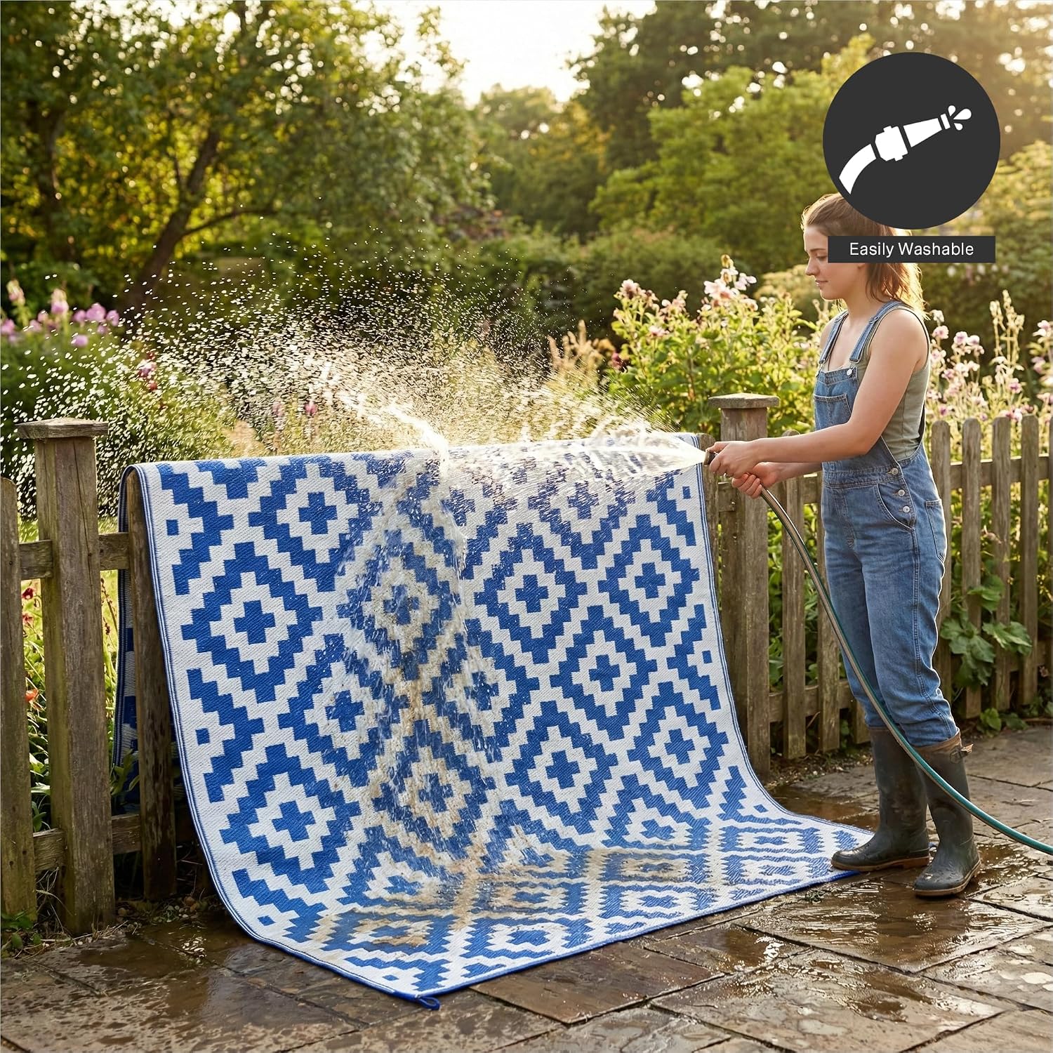 FH Home Outdoor Camping Rug - Waterproof, Fade Resistant, Reversible - Premium Recycled Plastic - Striped - Large Patio, Deck, Sunroom