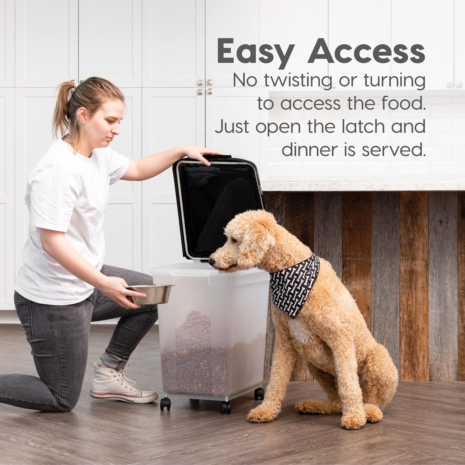 IRIS USA Dog Food Storage Container, Up to 25 lbs, Black, Made in USA | Wheels for Mobility, Airtight Seal, BPA-Free, Best for Bird Seed, Cat food, Cat Litter, Chicken Feed, Pellets