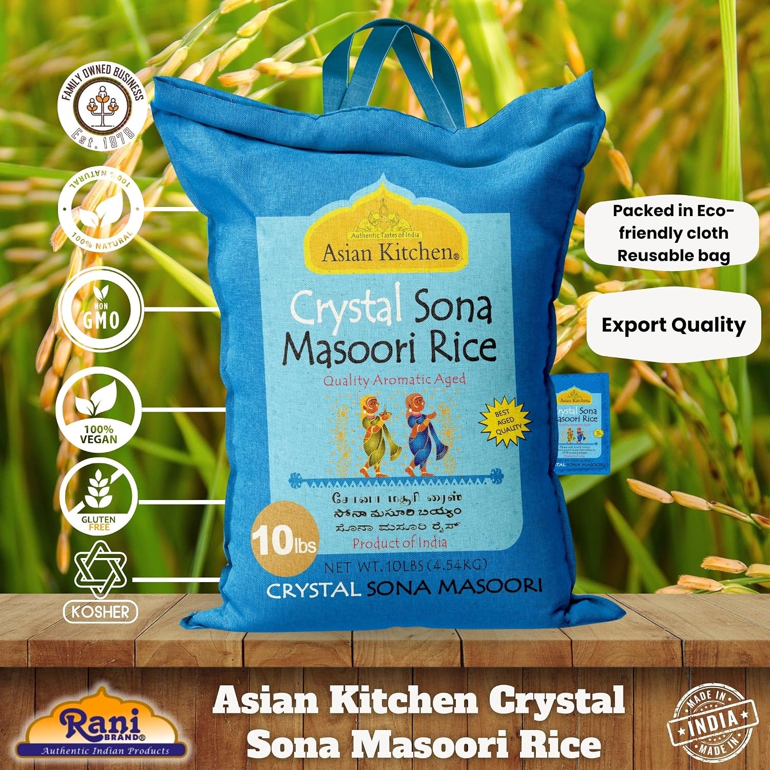 Asian Kitchen White Sona Masoori Aged Rice 20-Pound Bag, 20lbs (9.08kg) Short Grain Rice ~ All Natural | Gluten Friendly | Vegan | Kosher | Indian Origin | Export Quality