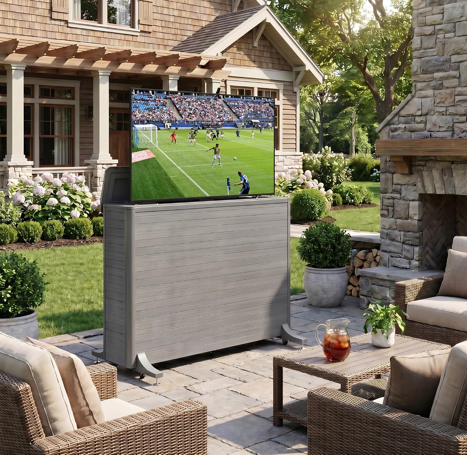 High-Grade Wood-Plastic Composite Outdoor TV Lift Cabinet, Mobile TV Stand on Wheels, Weatherproof Motorized TV Lift Stand