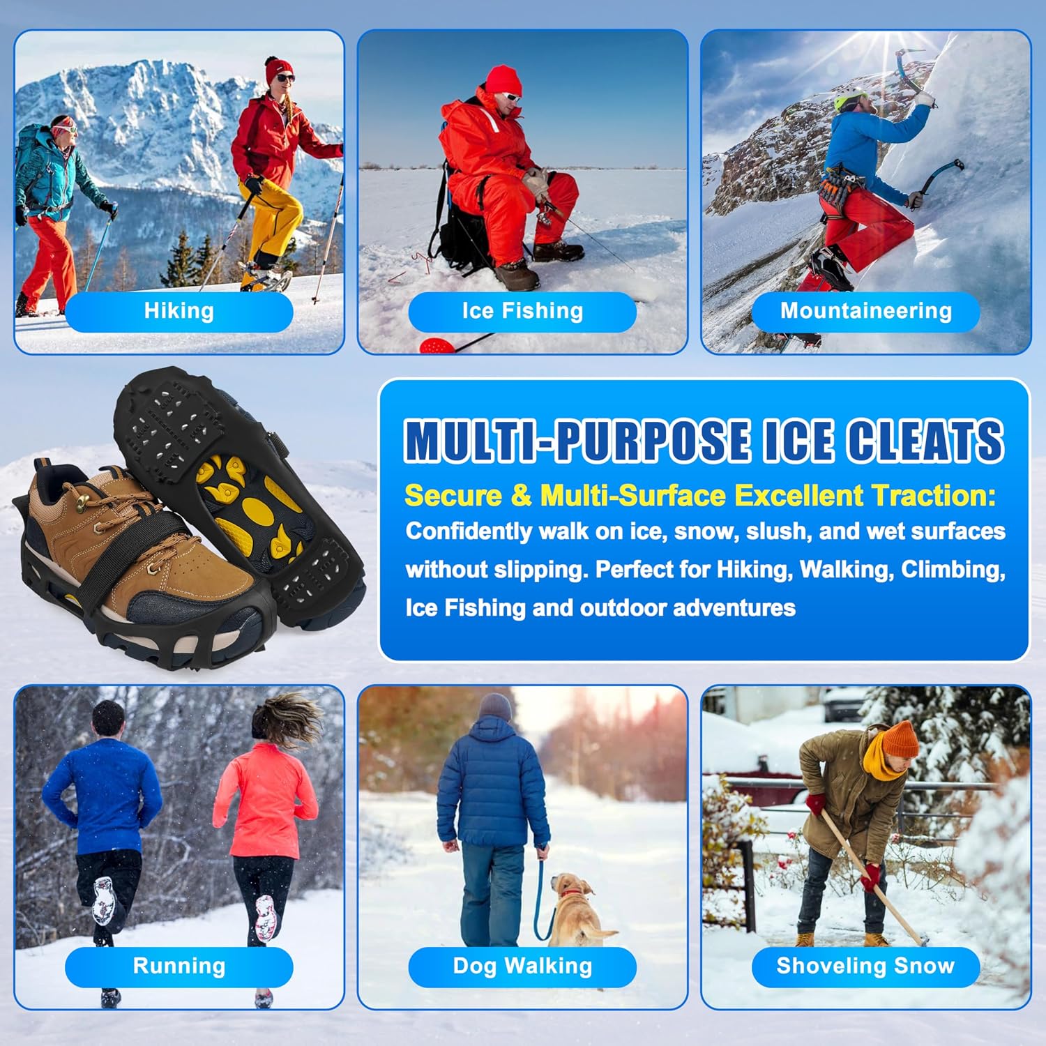 Ice Cleats for Shoes and Boots,Crampons Snow Traction Cleats for Walking on Snow and Ice,Non-Slip Shoe Grippers Slip-on Overshoe Stretch Footwear for Winter Walking Hiking Fishing