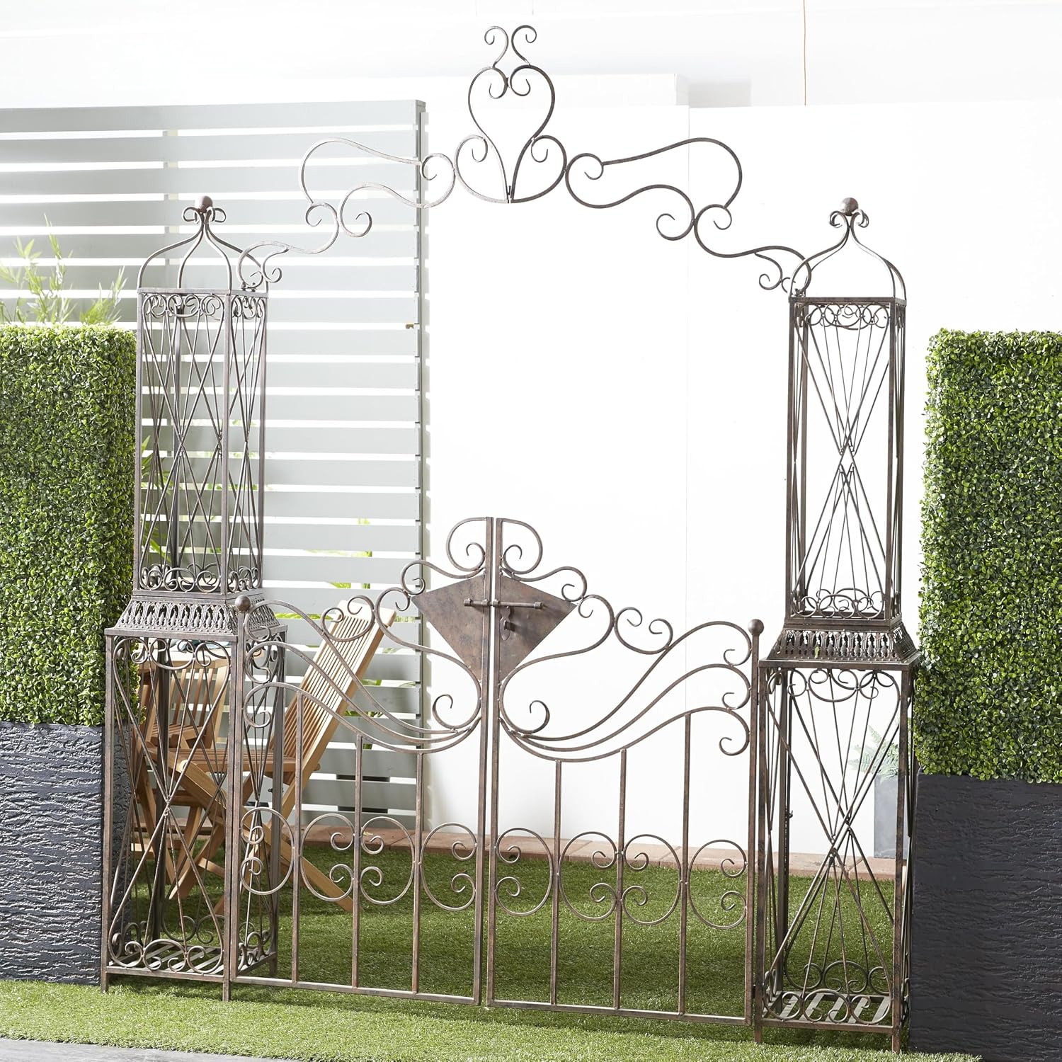 Deco 79 Metal Indoor Outdoor Garden Arbor, 78" x 14" x 94", Matte Bronze | Elevate patios and gardens, metal garden arch trellis, metal trellis for climbing plants outdoor, double doors, scroll latch