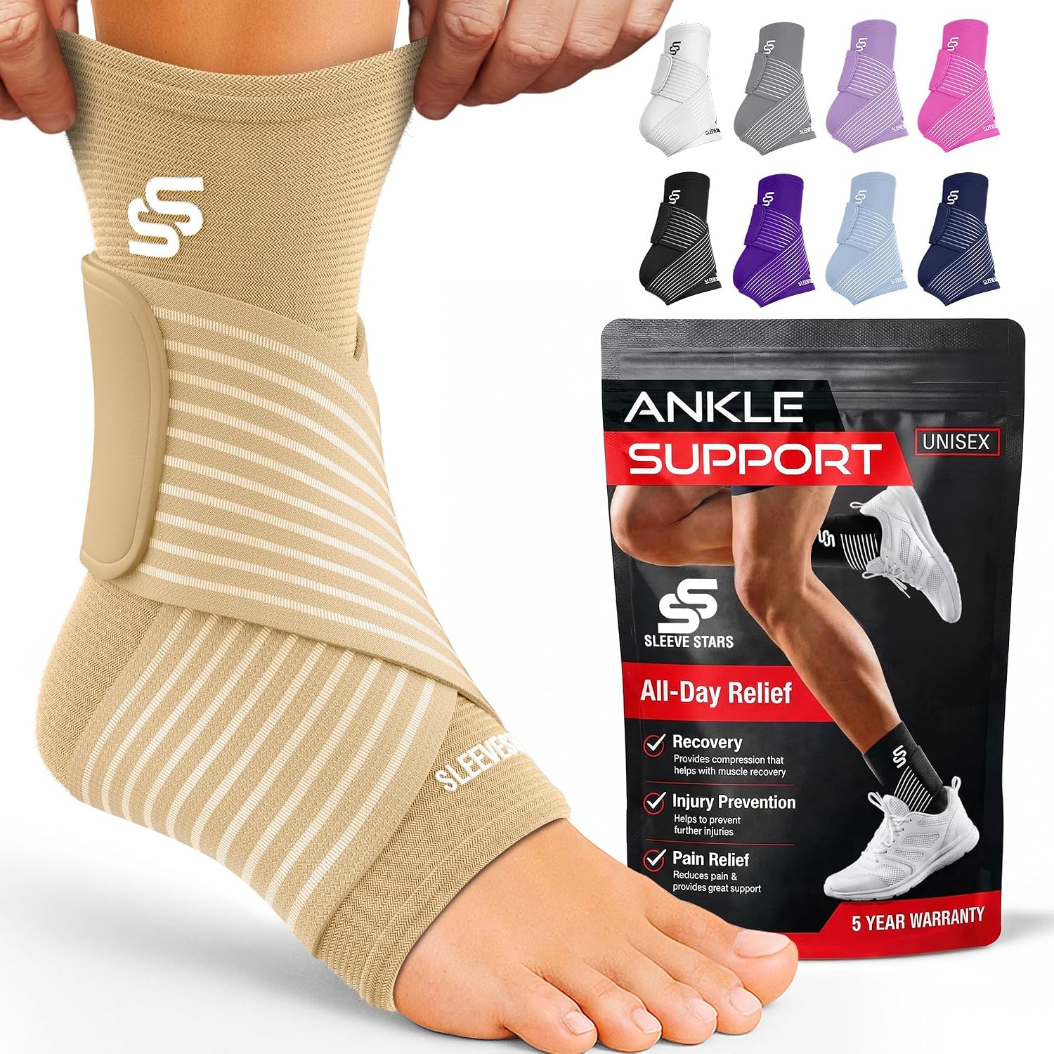 Sleeve Stars Ankle Brace for Women & Men, Ankle Wrap for Sprain, Compression Sleeve for Plantar Fasciitis Relief, Easy Customizable Support: w/ Removable Strap (Single/M:10"-12"/Black)
