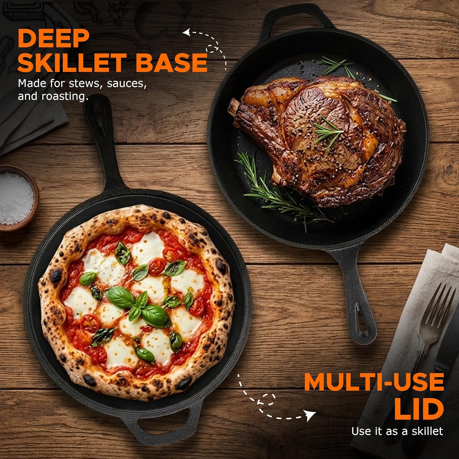 KICHLY Combo Cooker Cast Iron Dutch Oven with Lid 2 in1, PFAS Free Pre-seasoned Multi Cookware Skillet