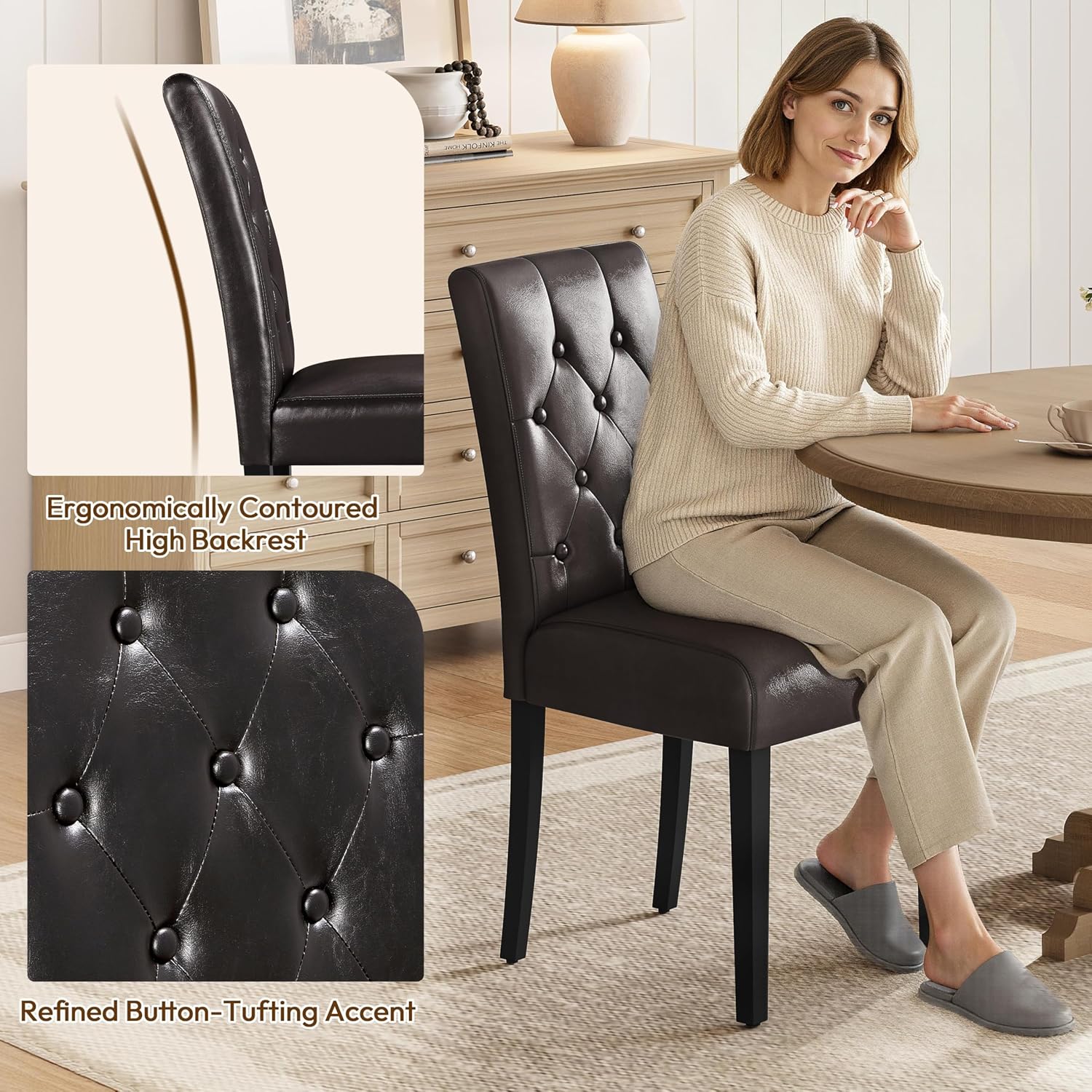 Yaheetech Dining Chairs Set of 2 Button Tufted Kitchen Chairs Brown