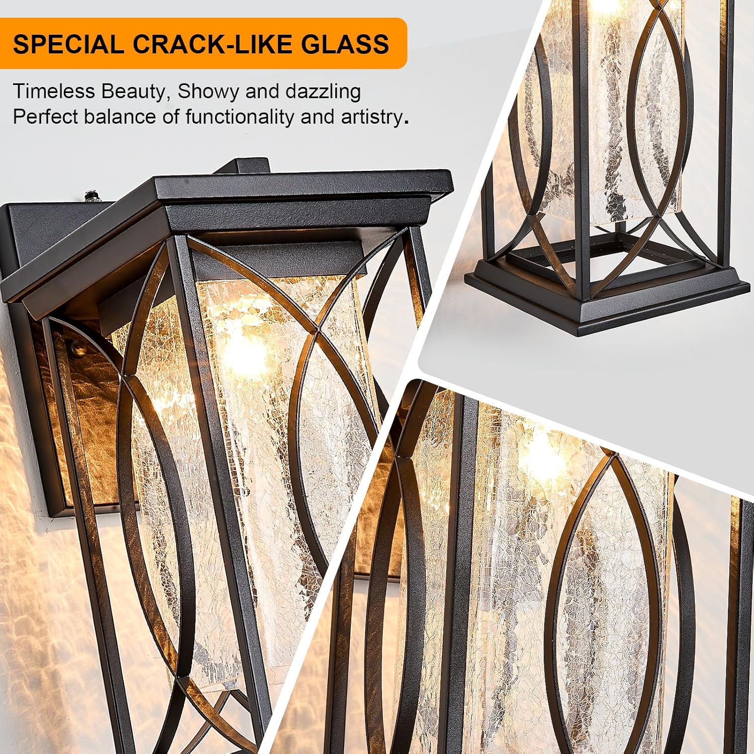 Dusk to Dawn Modern Outdoor Coach Lantern Exterior Light Fixtures Black Aluminum with Crack-Like Glass Waterproof Wall Sconce Mission Outside Light