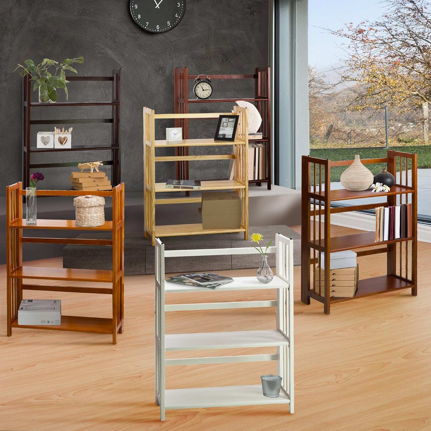 Casual Home 3-Shelf Folding Stackable Bookcase (27.5" Wide)-Walnut