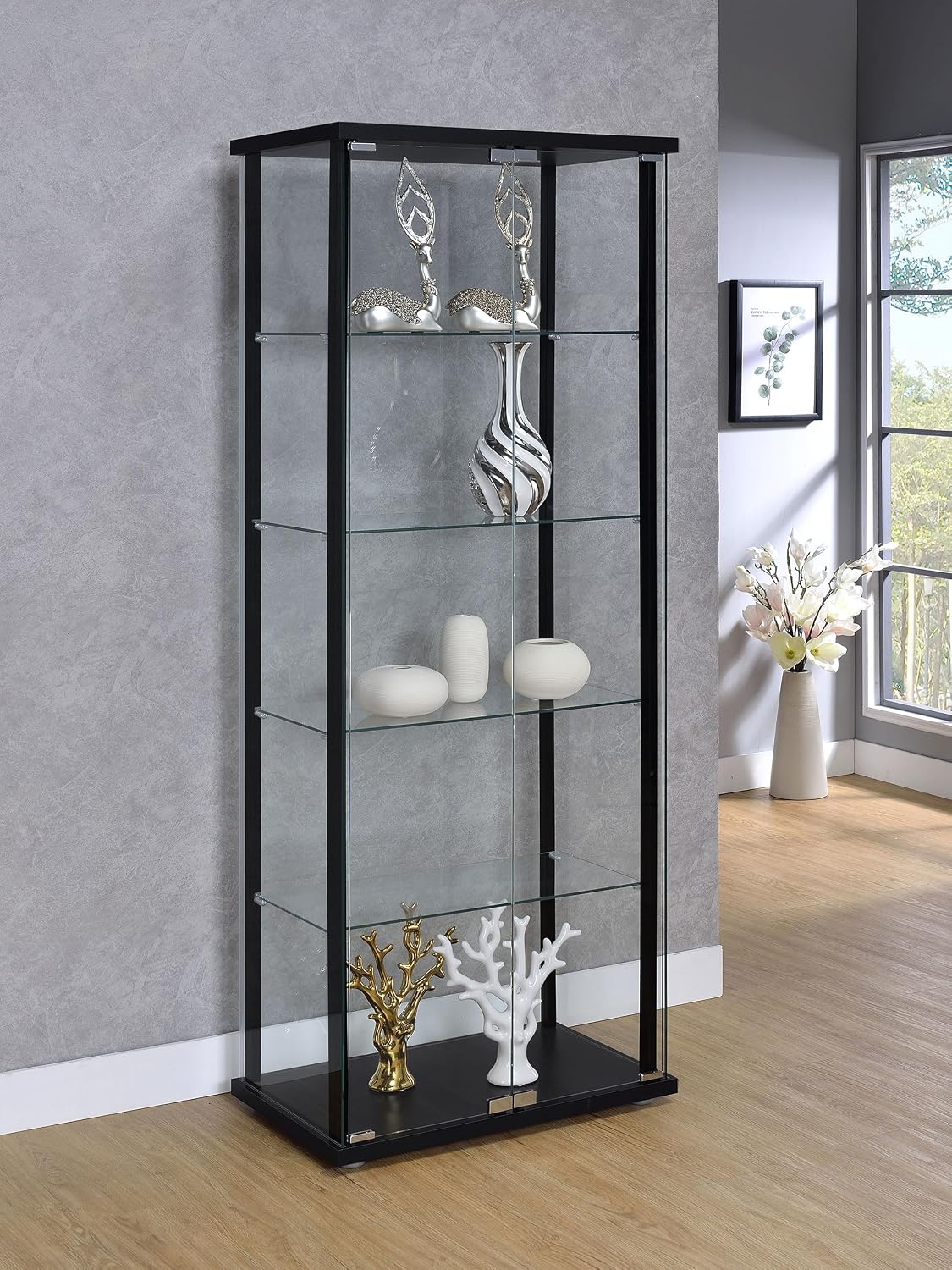Coaster Home Furnishings - Delphinium - Glass - 4-Shelf Curio Cabinet with Wood Top and Base, Two Doors, and Chrome Hardware - Living Room - 64-Inch - Black - 950170