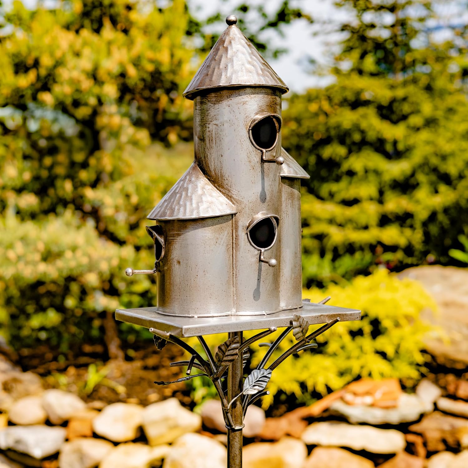 Large Copper Colored Multi-Birdhouse Stakes, Room for 4 Bird Families in Each (Cube Homes with Pyramid Roofs)