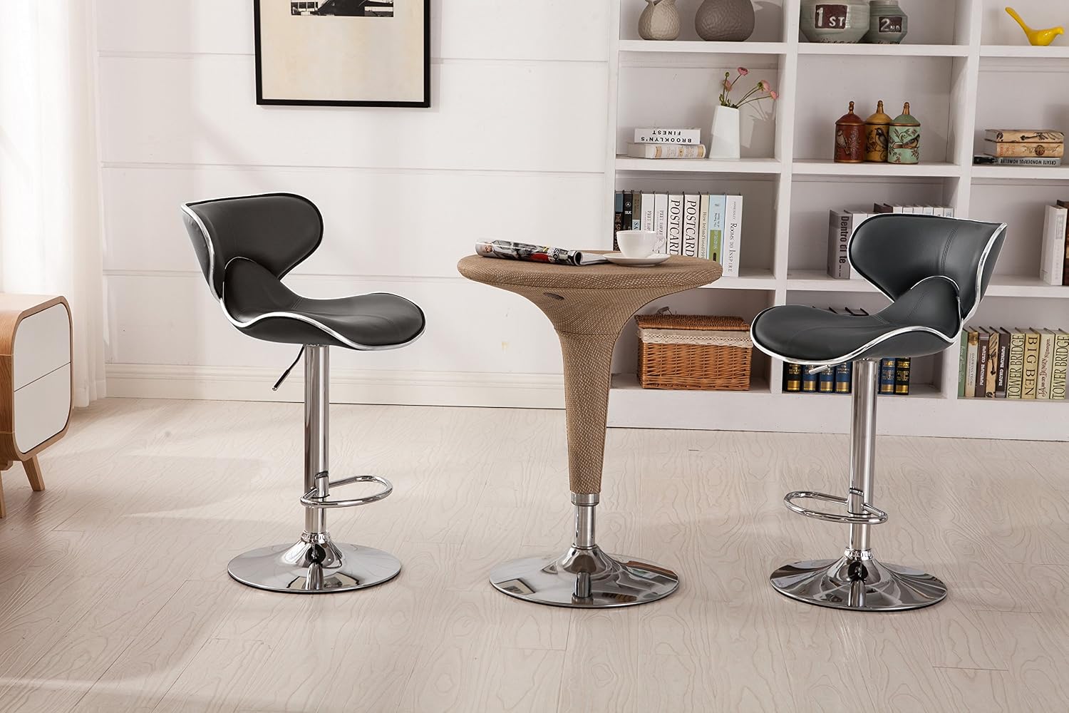 Roundhill Furniture Masaccio Cushioned Leatherette Upholstery Airlift Adjustable Swivel Barstool with Chrome Base, Set of 2, Blue