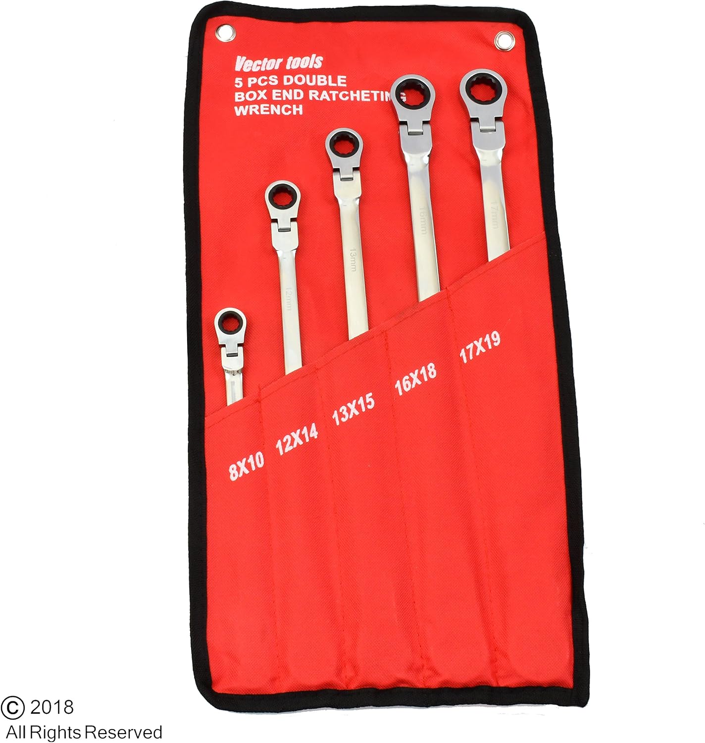 VCT 5pc Flex-Head Double Box End Ratcheting Wrenches CrV XL Design MM 8mm - 19mm