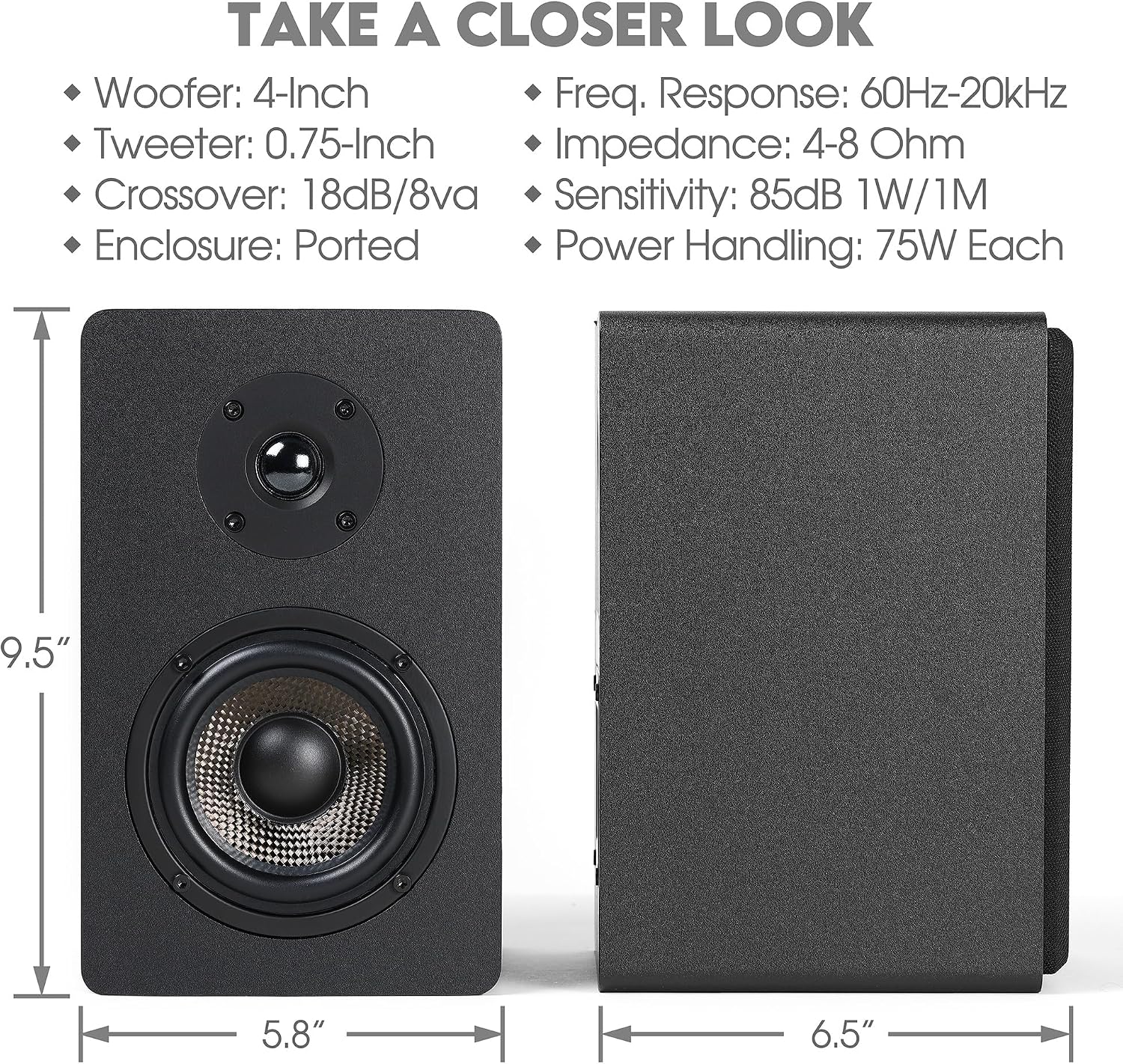 Micca MB42X Advanced 2-Way Passive Bookshelf Speakers, Stereo Pair, Black | Amplifier Required, 4-Inch Carbon-Fiber Woofer, 0.75-Inch Silk-Dome Tweeter, Desktop, Home Theater, Surround Sound