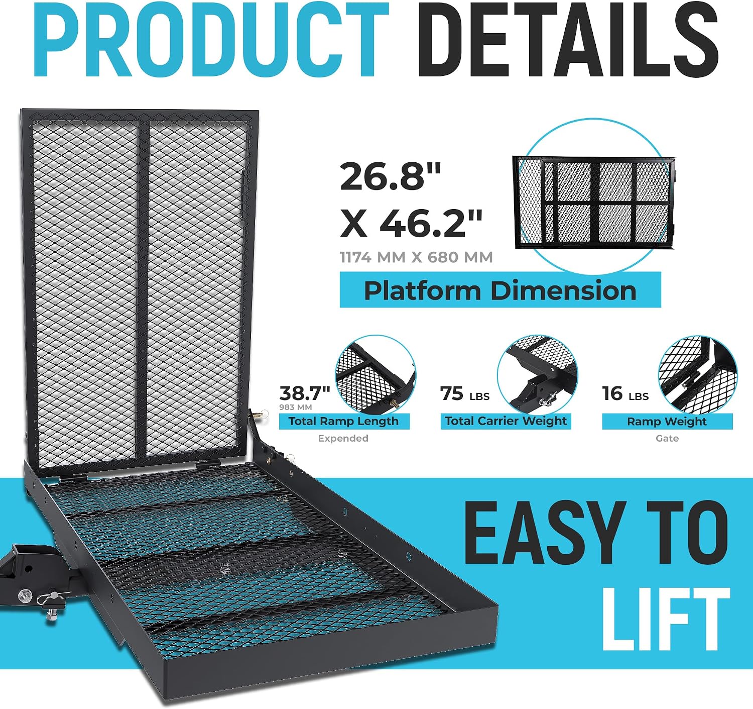 ECOTRIC 46.2 X 26.8 X 38.7 Inch Hitch Cargo Carrier W/Ramp Foldable 500 Lbs