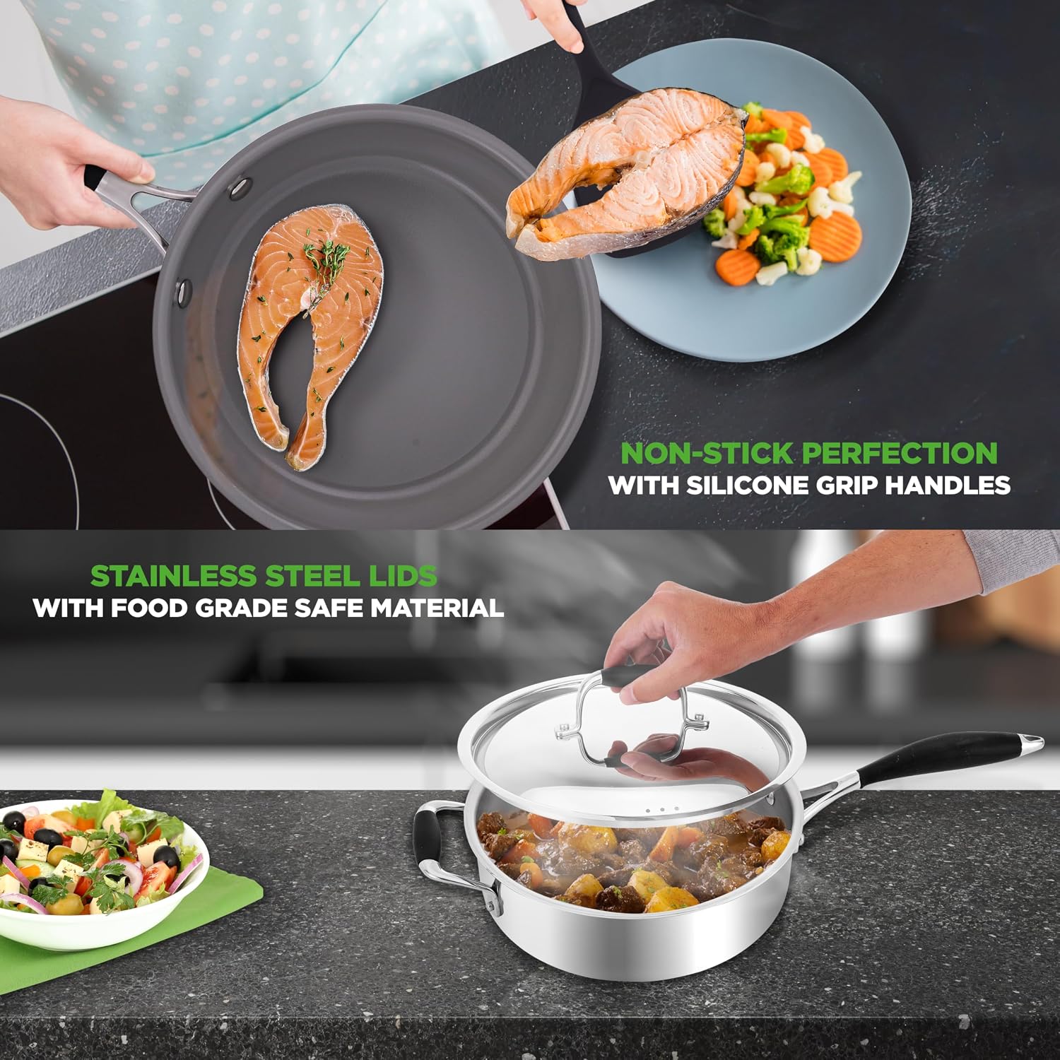 NutriChef Professional 12-Piece Nonstick Cookware - PFOA/PFOS-Free, Heat Resistant Lacquer, Elegant Design, Multi-Sized Pots and Pans, Teal/Gray/Green