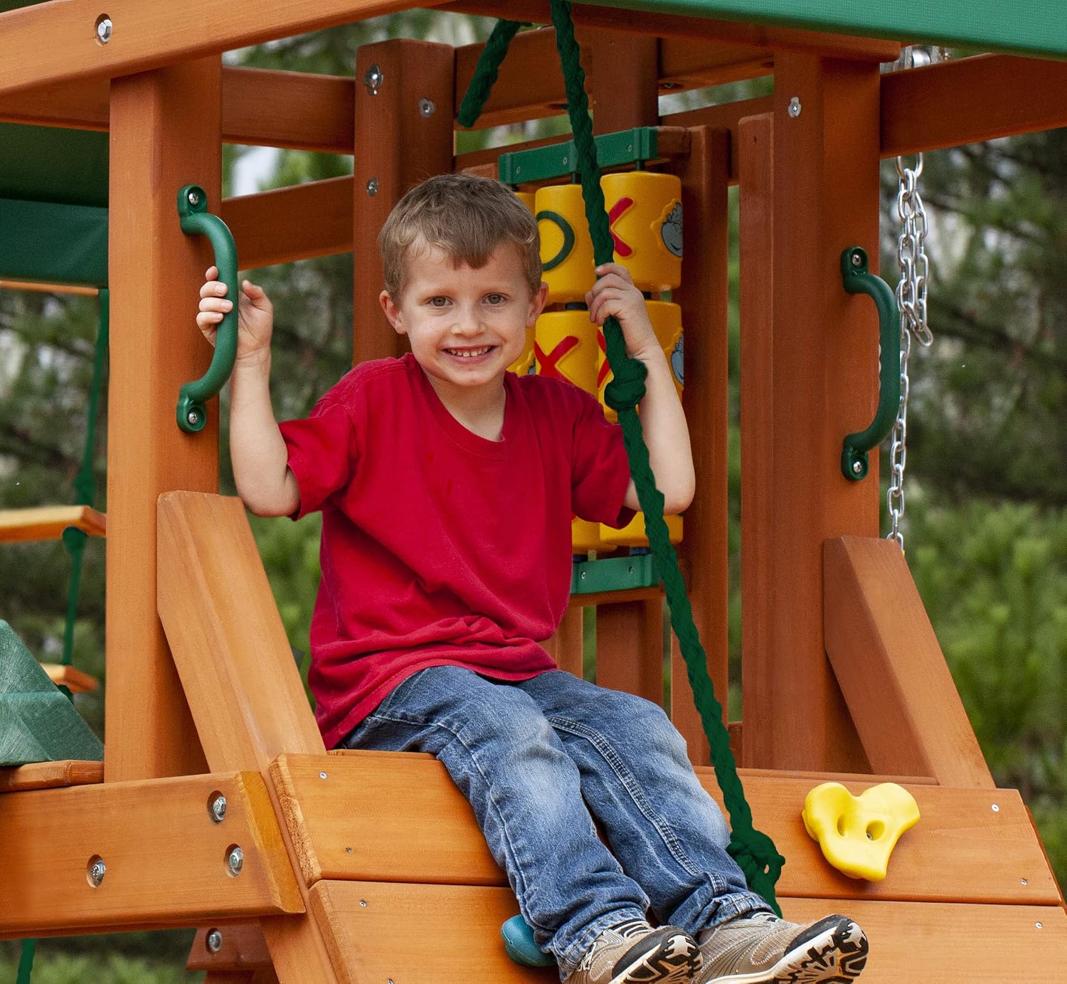 Gorilla Playsets 01-1059-AP High Point Wood Swing Set with Green Vinyl Canopy, Two Swings, Rock Climbing Wall, Slide, Amber