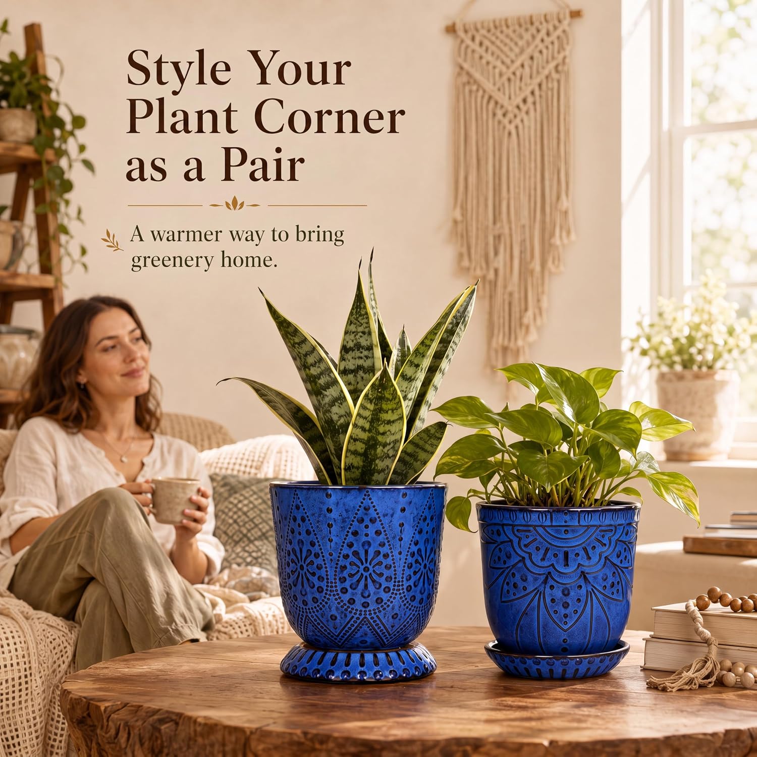 Gepege Ceramic Plant Pots, 6 Inch Indoor Planters with Drainage & Saucers