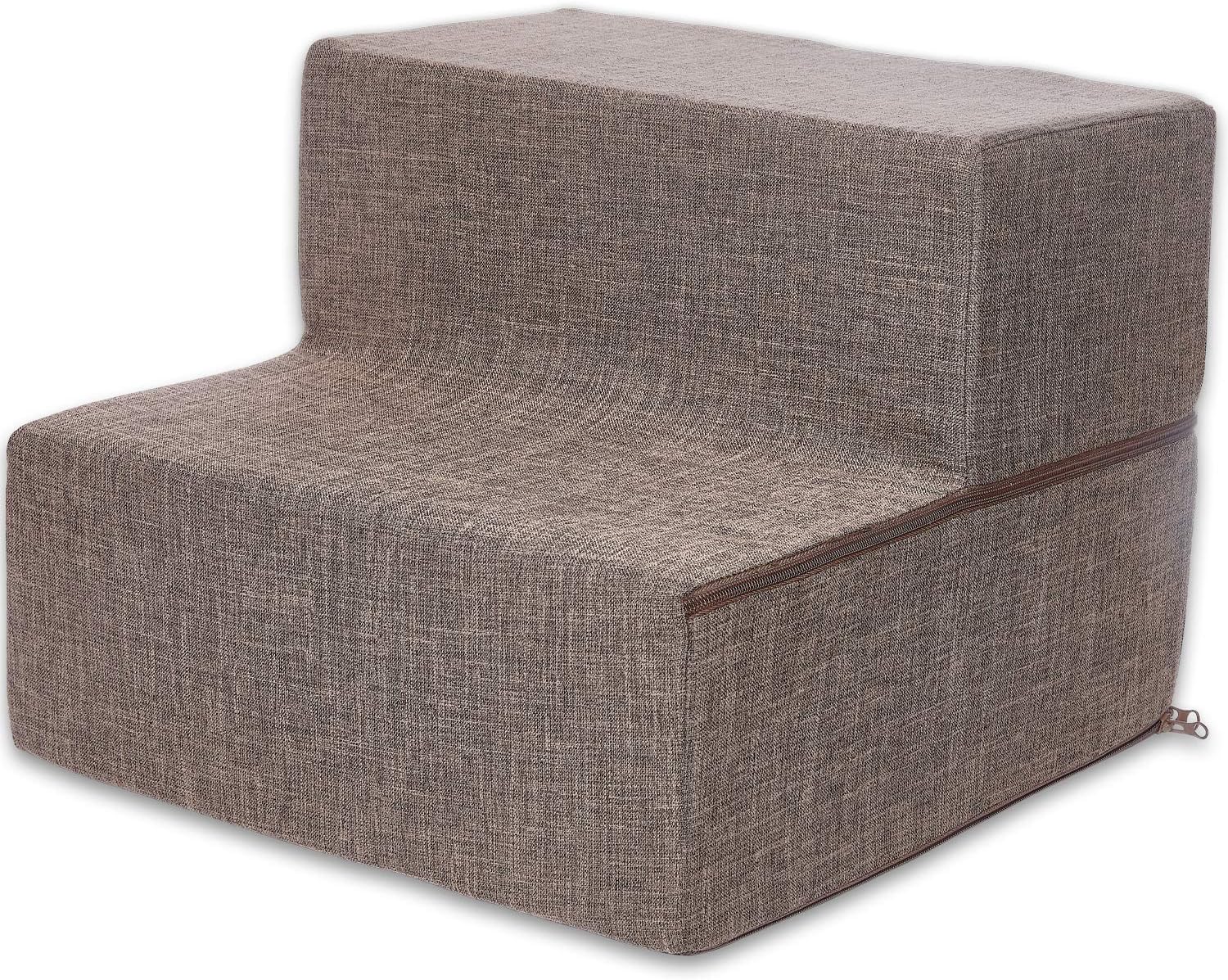 Best Pet Supplies Non-Slip Foam Dog Stair & Pet Ramp, Balanced Indoor Step Support - Foldable Stair, Ash Gray Linen,3-Step