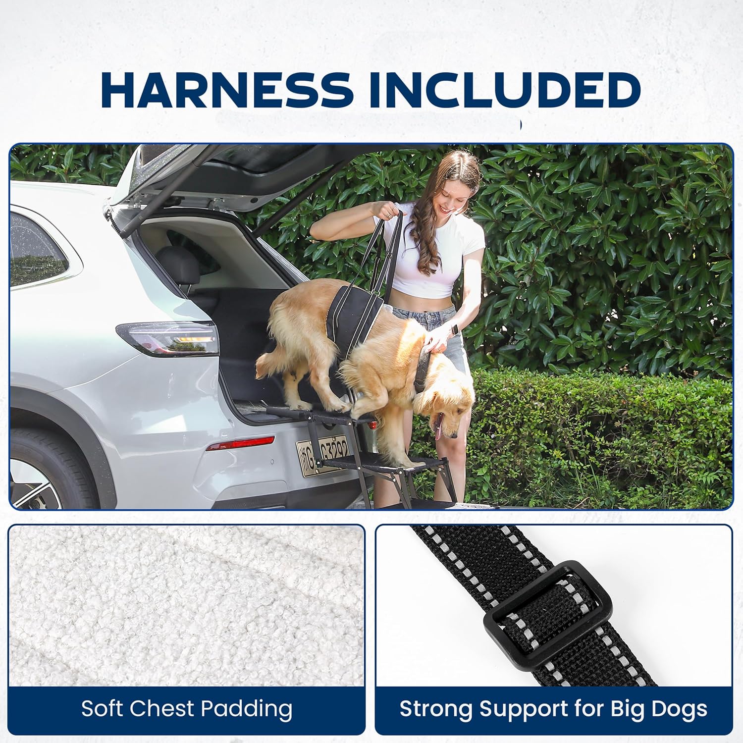VERALUX 5 Step Foldable Dog Stairs for Large Dogs | Folding & Collapsible Dog Stairs for Car & SUV | Steps for Dogs to Get in Car | XL Lift Harness