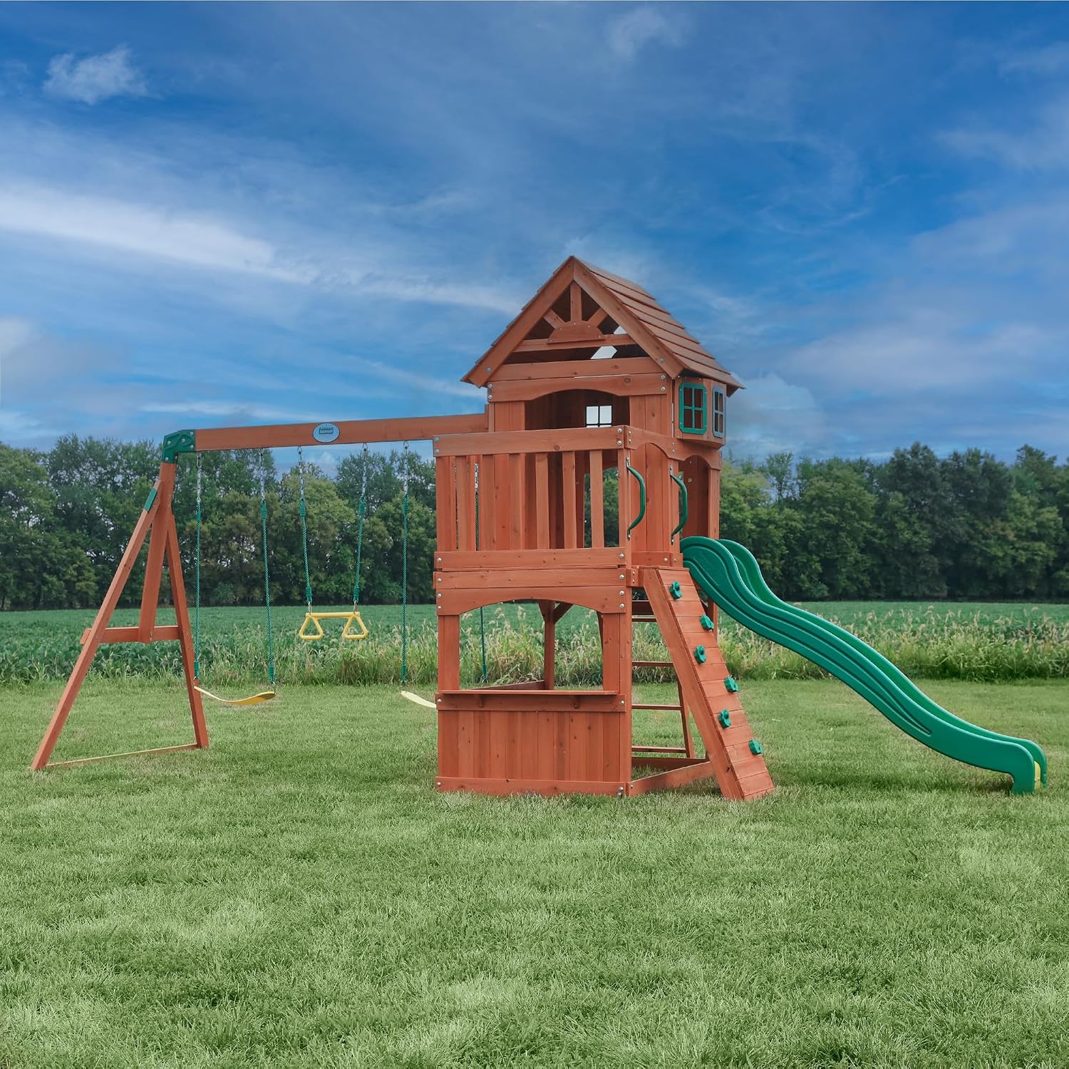 Backyard Discovery Atlantis Cedar Wood Swing Set with Wave Slide, Raised Clubhouse, Rock Wall, Belt Swings, Trapeze, Balcony, Lower Play Space