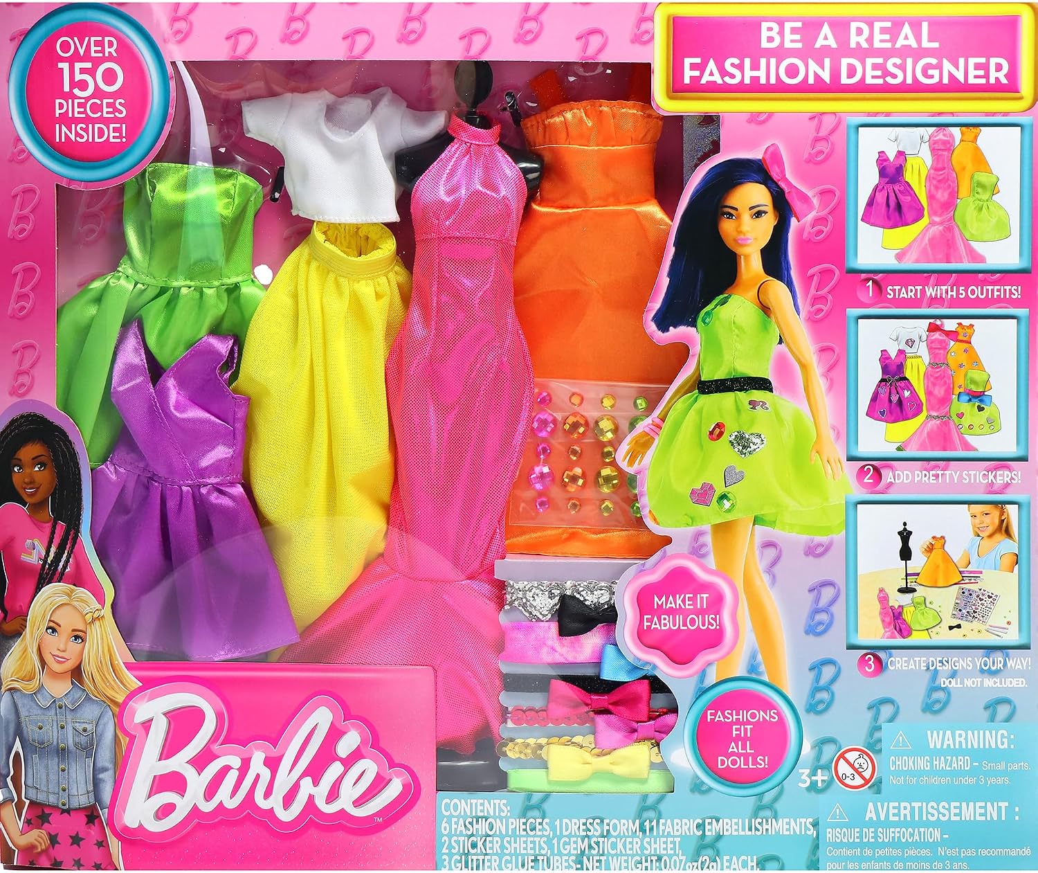 Barbie Be a Fashion Designer Kit - 5 Outfits & DIY Doll Dress Up Set | Create custom styles with glitter, ribbons