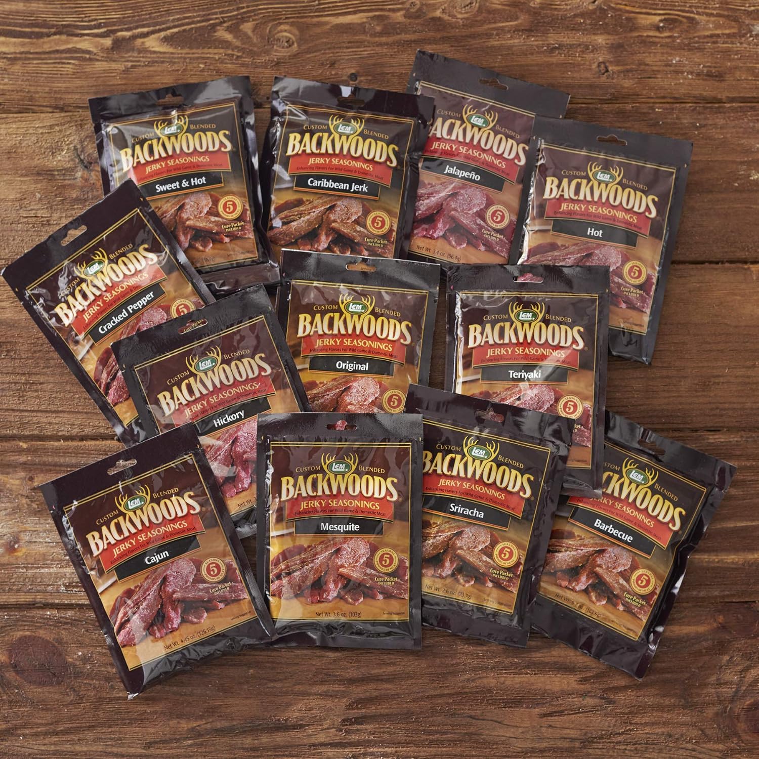 LEM Products Backwoods Caribbean Jerk Jerky Seasoning, 4.2 oz Packet | Pre-Measured Seasoning and Cure for Wild Game and Domestic Meat, Seasons Up to 5 Pounds of Meat for Homemade Jerky