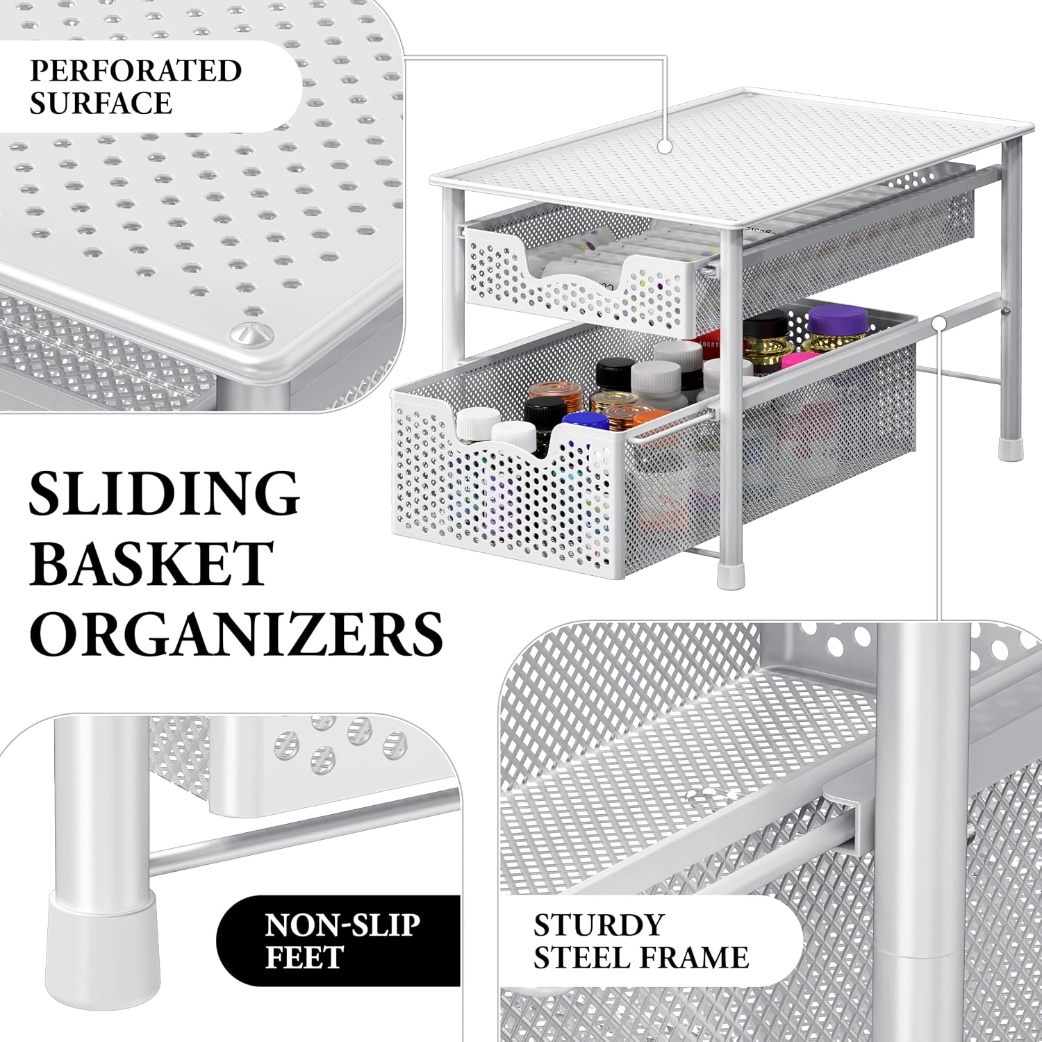 Simple Houseware Stackable 3 Tier Sliding Basket Organizer Drawer, Silver