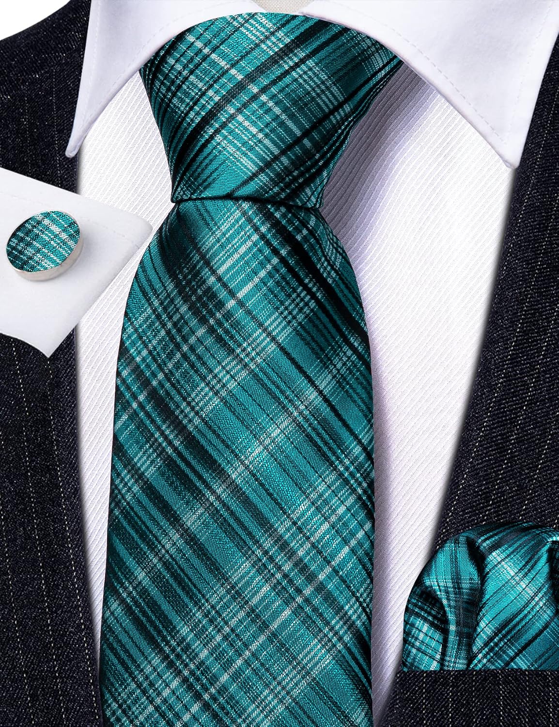 Barry.Wang Plaid Ties for Men Silk Necktie Handkerchief Cuff Links Set