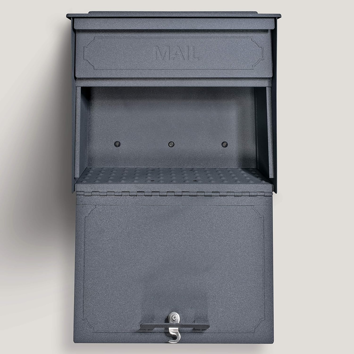 Mail Boss 7172 Townhouse Locking Security Wall Mount Mailbox, Black, Pack of 1 | Anti-pry locking door, classic stamped-panel design with decorative top cap, fixed slot fits envelopes and magazines.