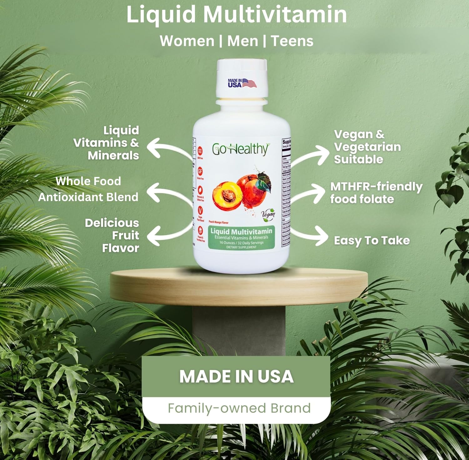 Go Healthy Liquid Multivitamin for Women, Men, Teens | Vegan Vitamin & Mineral Supplement | High Absorption | Premium Liquid Formula | Immune Support | Peach Mango Flavor | 32 Servings