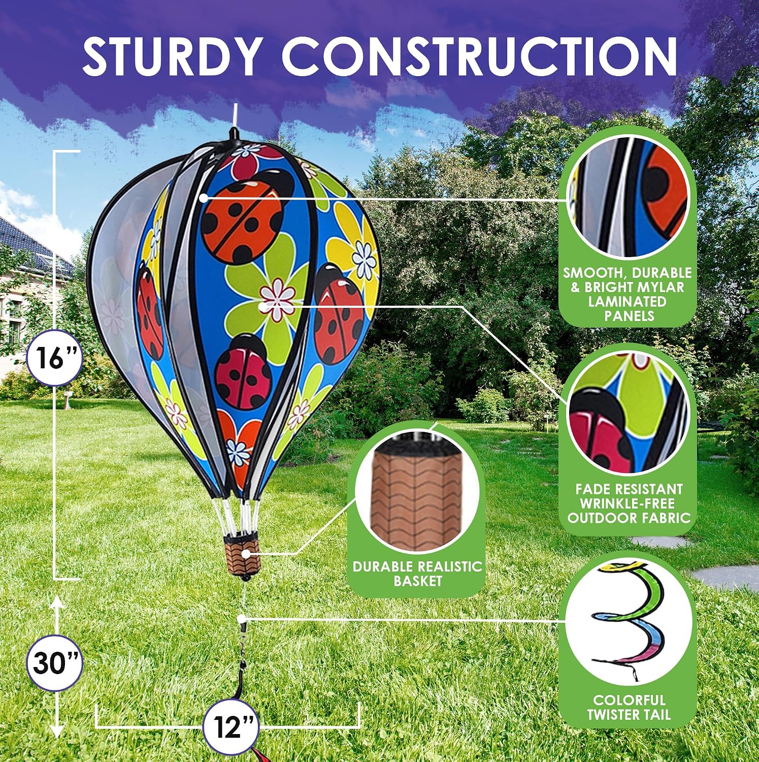 Hot Air Balloon Hanging Garden Spinner 16" - Vibrant Patriotic Design, Weather-Resistant Outdoor Decor, Durable & Lightweight for Patios, Yards, and Gardens - Eye-Catching Wind Spinner