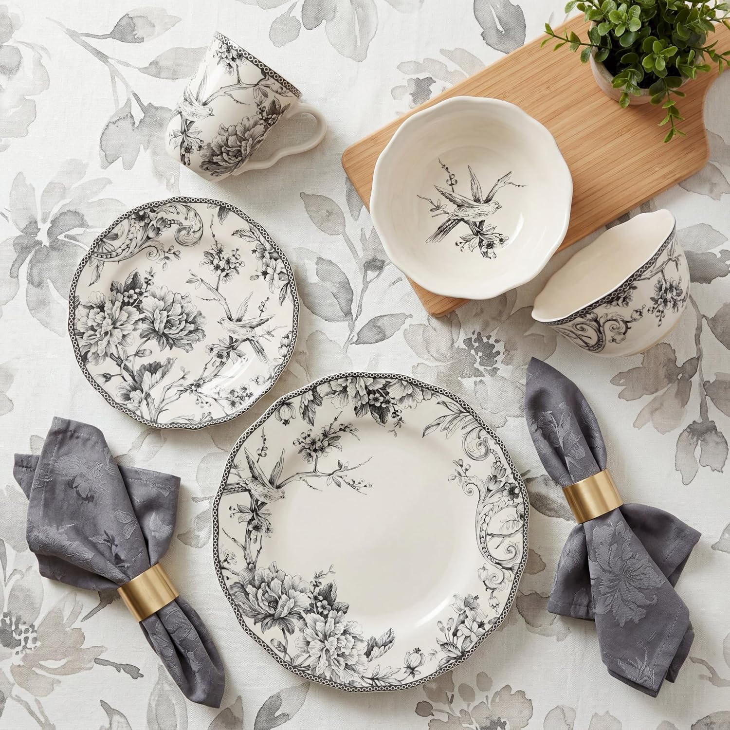 222 Fifth Adelaide 16-Piece Black Porcelain Dinnerware Set – Service for 4, Featuring Hand-Applied Romantic Woodland Bird Design