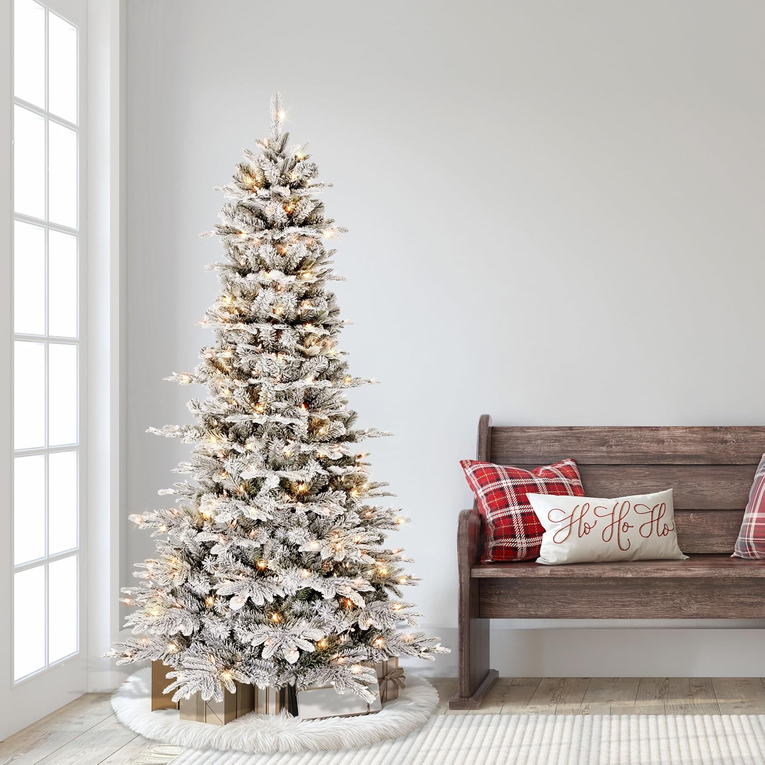 Puleo International 7.5ft Pre-Lit Slim Flocked Aspen Fir Christmas Tree with 450 Clear Lights, 1016 Realistic Dense Snow Flocked Branch Tips, Easy Setup Artificial Trees with Sturdy Metal Stand